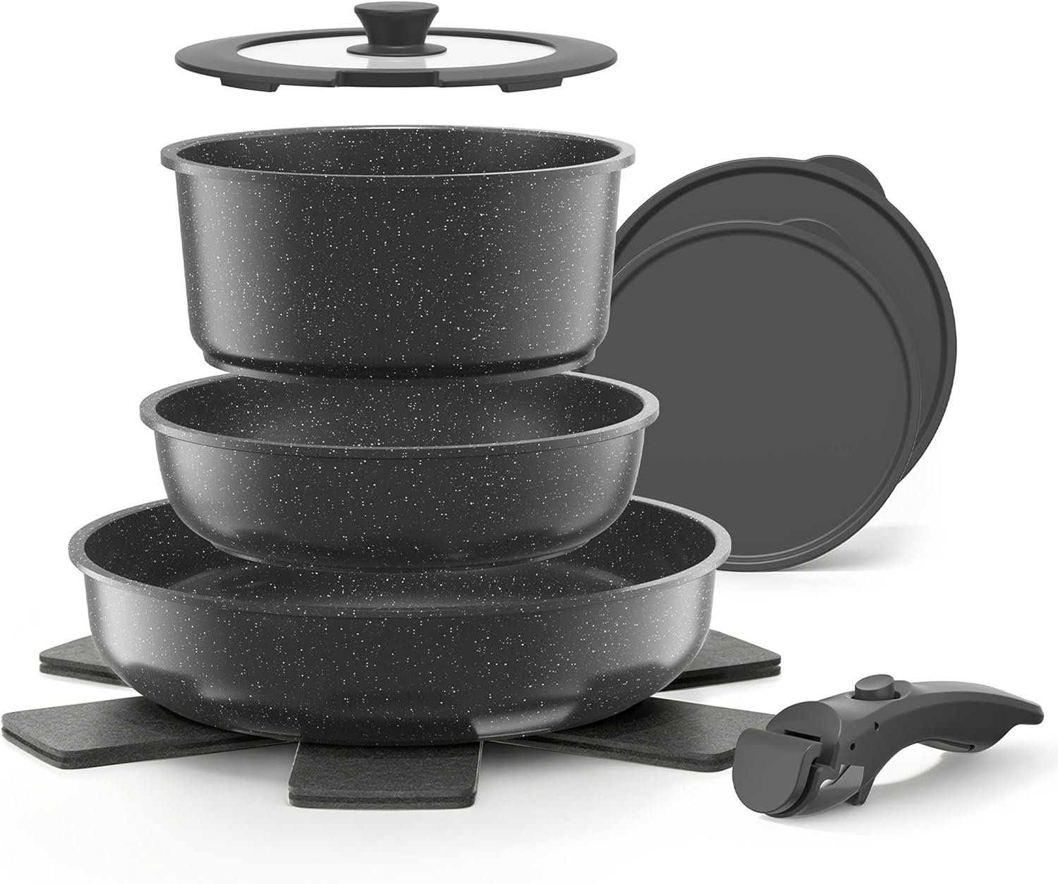 YASHE 9Pcs Granite Nonstick Pots and Pans Set, Stackable, Oven Safe | Non-Toxic Cookware Set with Detachable Handle for RVs, Camping, PFOS/PFOA-Free Induction Compatible