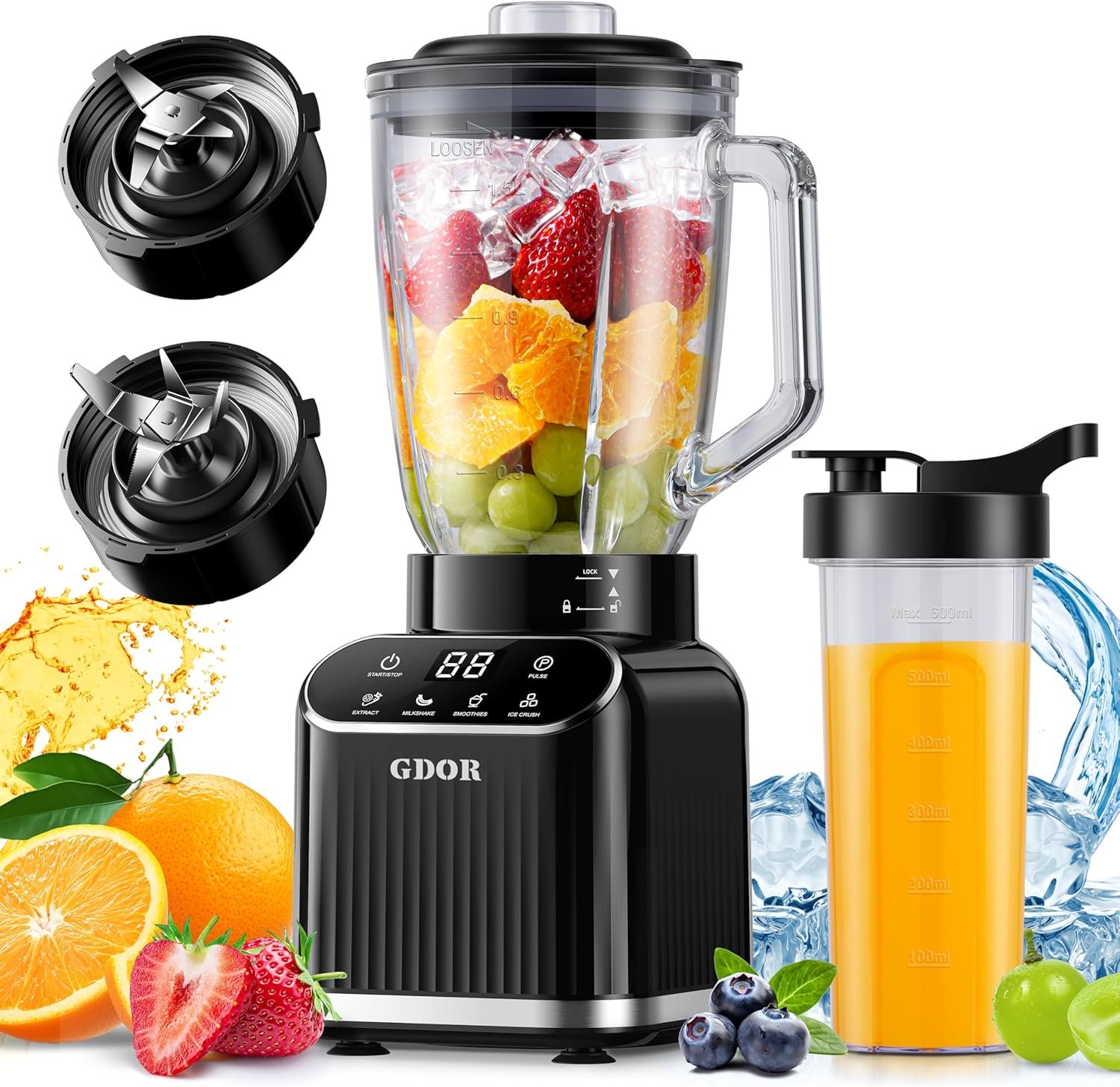 GDOR Smoothie Blender for Kitchen,1200W Glass blender with 5 Smart Programs | Professional Blender with 52oz Jar & 24oz To-Go Cup, 6-leaf Blade for Ice Cubes, Frozen Fruits, and Shakes, Self-Clean, Black