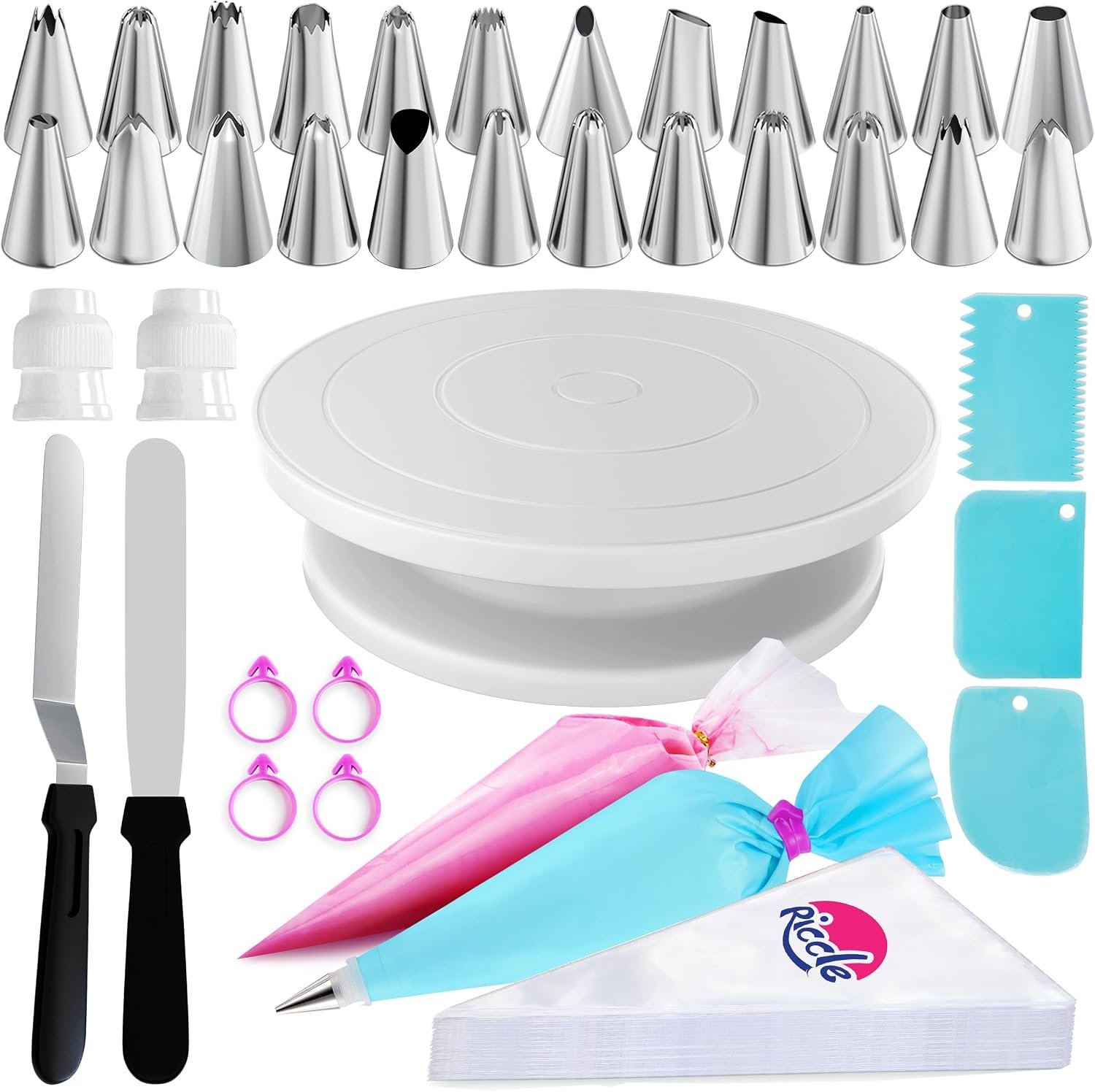 88 pcs Cake Decorating Kit with Cake Turntable – Includes 50 Disposable + 2 Reusable Piping Bags and Tips Set, 24 Icing Piping Tips, 2 Spatulas, 3 Icing Comb Scraper, Baking Supplies