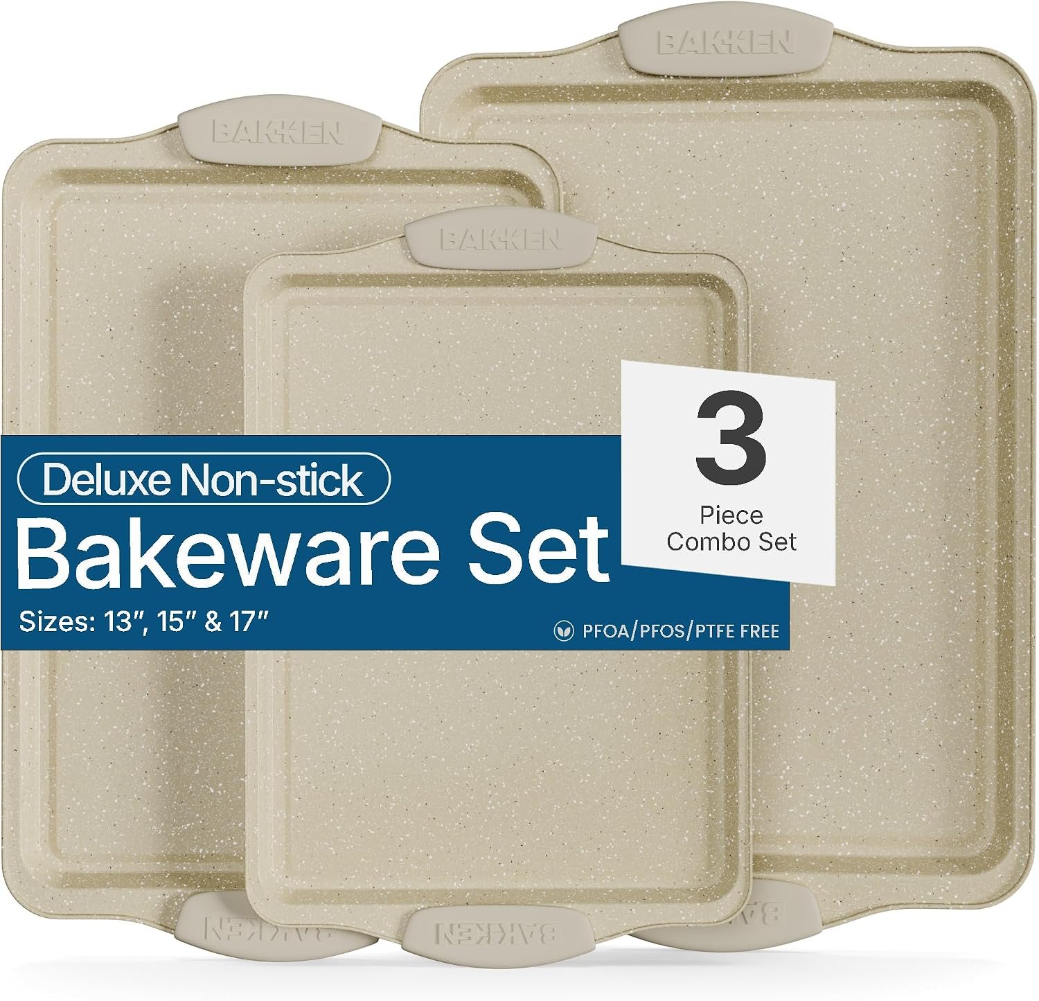 BAKKEN Cookie Sheets for Baking Nonstick Set – 3-Piece Stackable Carbon Steel Baking Sheet Pans Set with Silicone Handles, Non Toxic Cookie Sheets for Baking Bakeware Set – White Marble