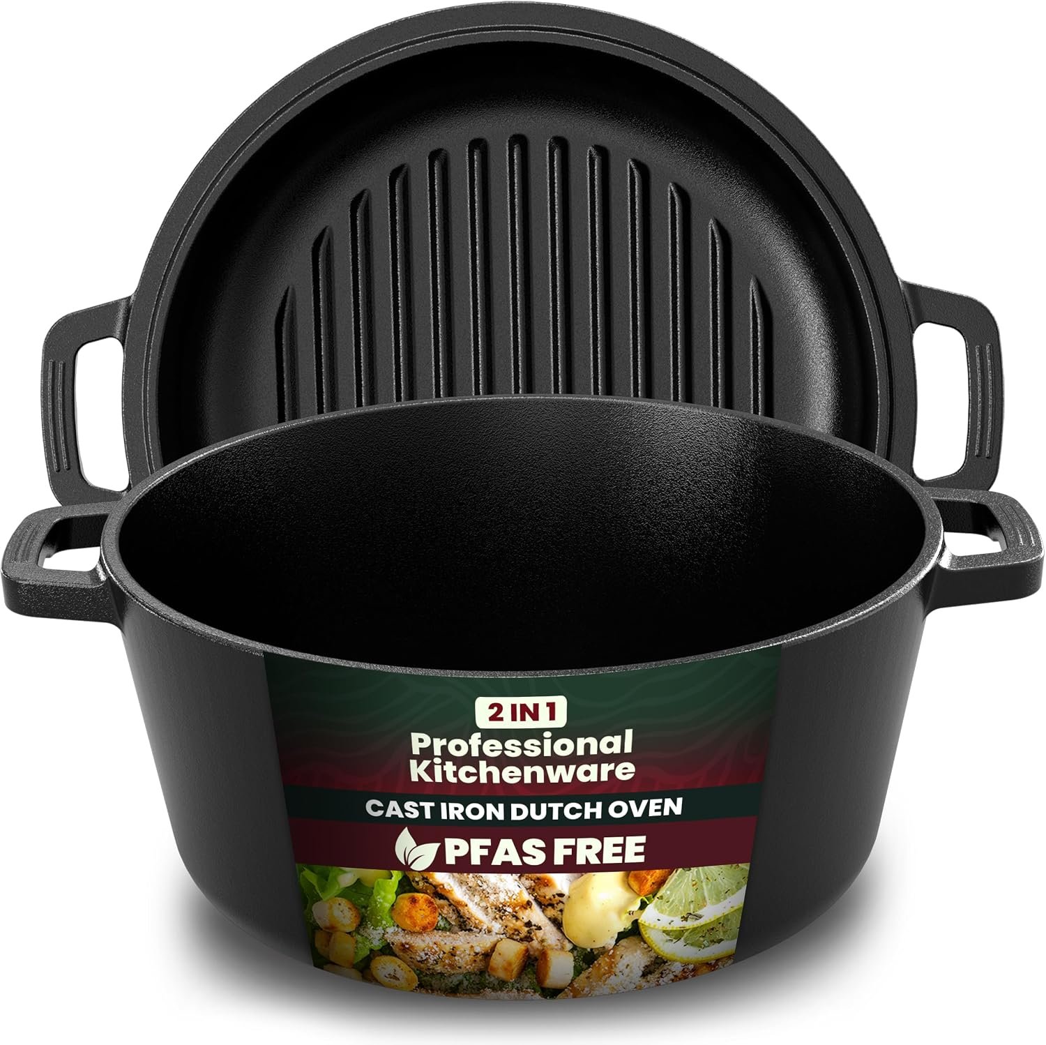 KICHLY Cast Iron Dutch Oven 5 QT with Skillet Lid Pre-Seasoned PFAS-Free | Dual Purpose Skillet Lid, Griddle Pan Included, Bread Baking, Roasting, Grilling, Camping Use, Heavy Duty