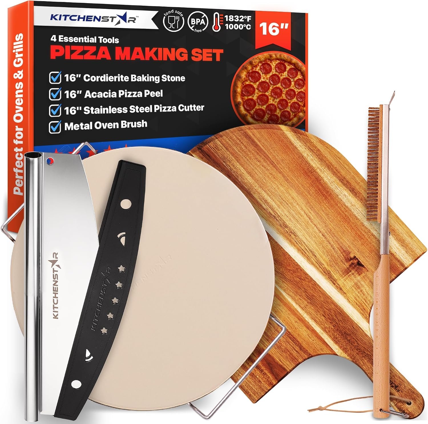 Pizza Stone Set for Oven and Grill – 16 Inch Cordierite Baking Stone, 1800°F Resistant, 6-Piece Kit with Acacia Wood Pizza Peel, Cutter Rocker, Steel Rack & Cleaning Brush