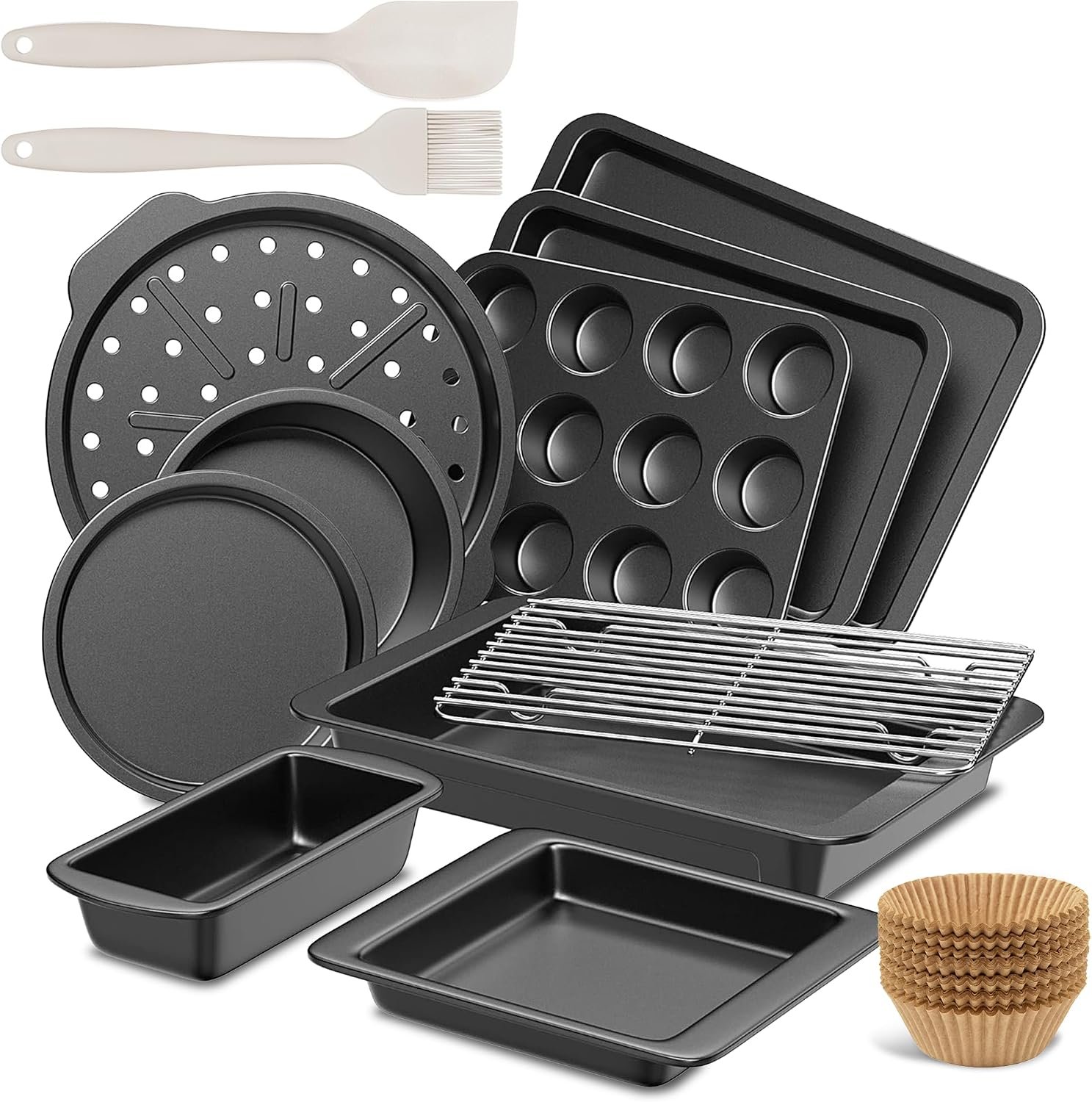 HONGBAKE Bakeware Sets, Baking Pans Set, 12 Pieces Nonstick Oven Pan with 120 Muffin Liners for Kitchen, Wider Grips, Including Rack, Cookie Sheet, Cake, Loaf, Muffin, Pizza Pan – Gray