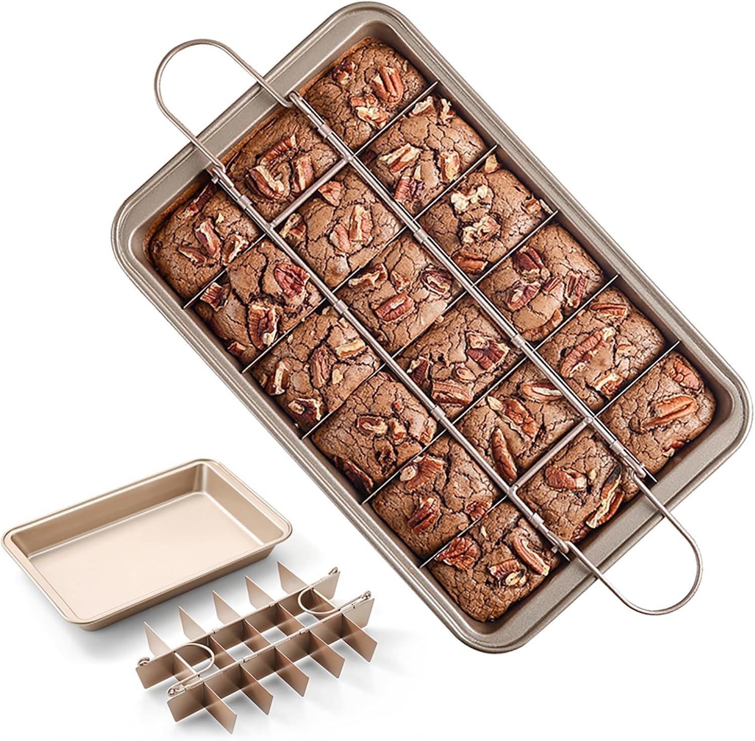 Brownie Pan with Dividers, Non Stick Brownie Baking Pan, 18 Pre-slice Carbon Steel Bakeware Tray with Grips for Oven Baking Bread, Square Mold Tray for Baking Cake Biscuit Muffin, 12X8X2”