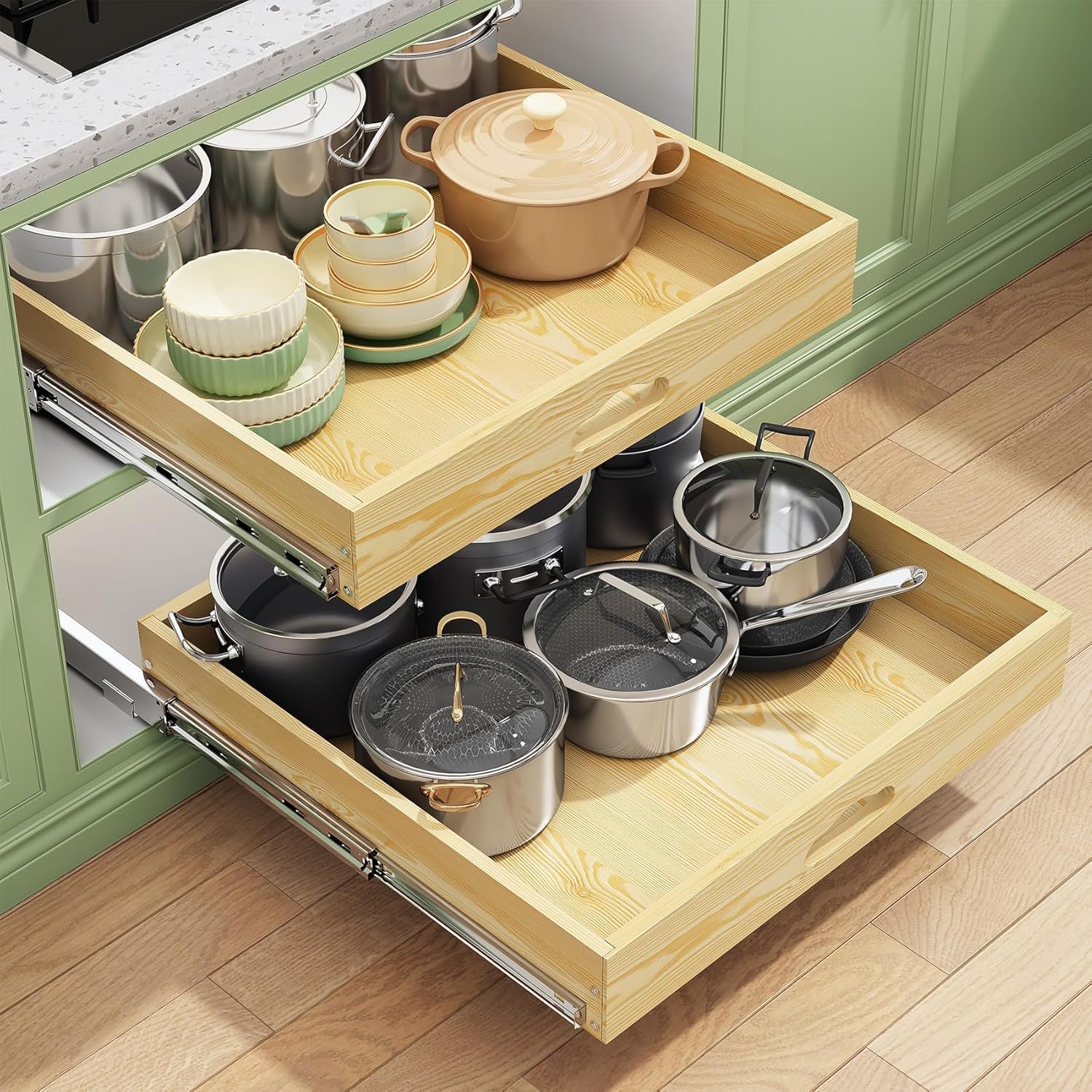 Pull Out Cabinet Organizer, Soft Close Wooden Slide Out Drawers for Pots and Pans, Full-extension Roll Out Shelves for Kitchen Cabinets, Pantry Organization, Bottom & Side Mount(21″W X 21″D x 3.4”H)