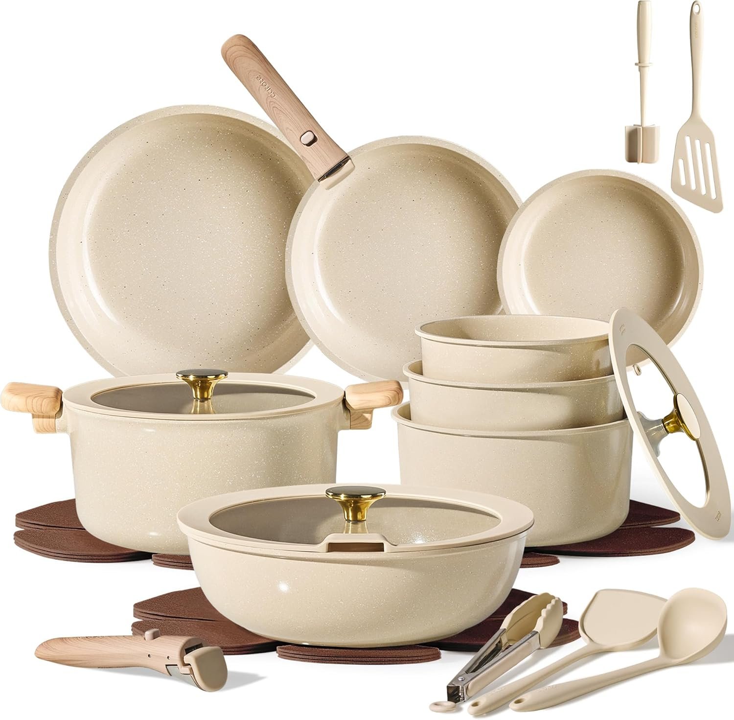 CAROTE 25pcs Ceramic Cookware Set, Pots and Pans Set with Detachable Handle | Non-Stick, Non-Toxic, PFAS & PFOA Free, Induction Compatible, Dishwasher & Oven Safe, Space Saving, Camping Cooking, Oatmeal