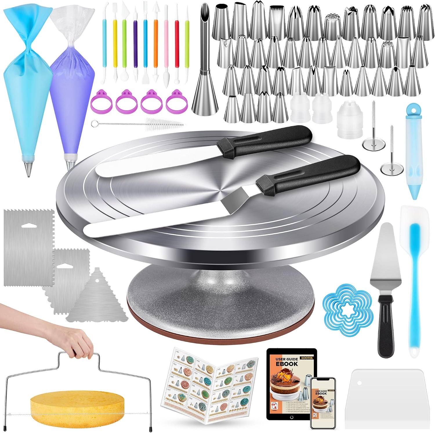 Kootek 180 Aluminum Cake Decorating Kit, Baking Tools for Beginners & Pros | Smooth Rotating, All-in-1 Kit, Easy to Clean, Cake Stand Turntable for Decorating Display Baking, Piping Bags and Tips Set