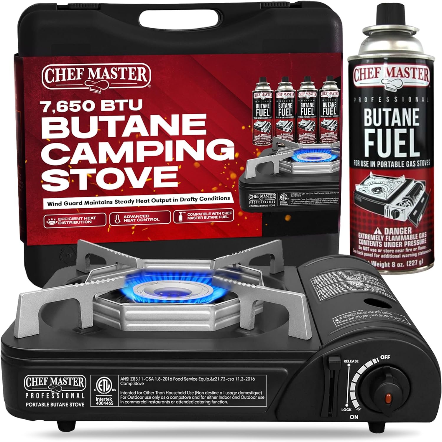 Chef Master Camping Butane Stove, 7,650 BTU, Automatic Piezo Ignition | Butane Powered, 7,650 BTU Output, Wind-Guard Design, Hard-Shell Carrying Case Included, Great for Camping, Tailgating, 90027