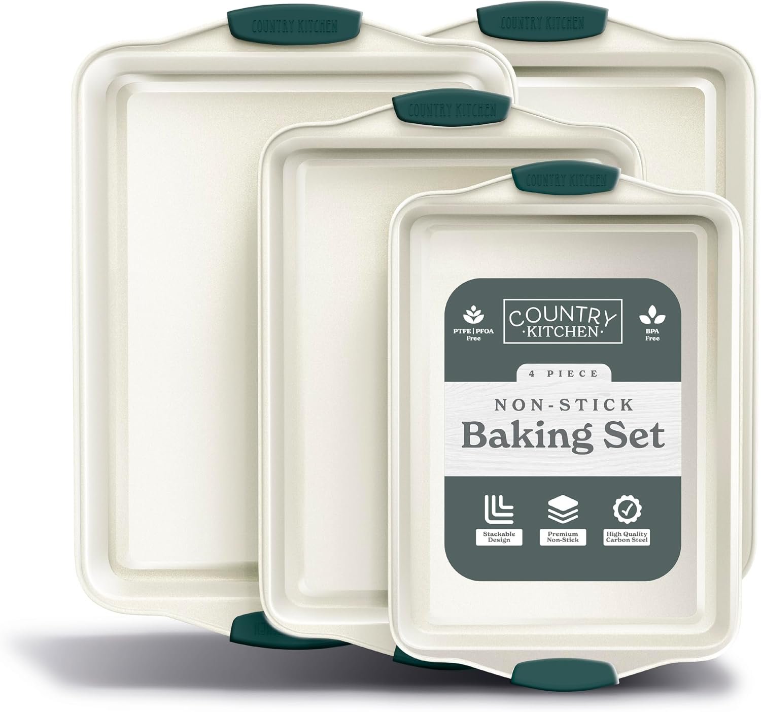 Country Kitchen Nonstick Stackable Bakeware Set – Heavy Duty, Durable, Easy Release Baking Set, Sage, 4 Pcs