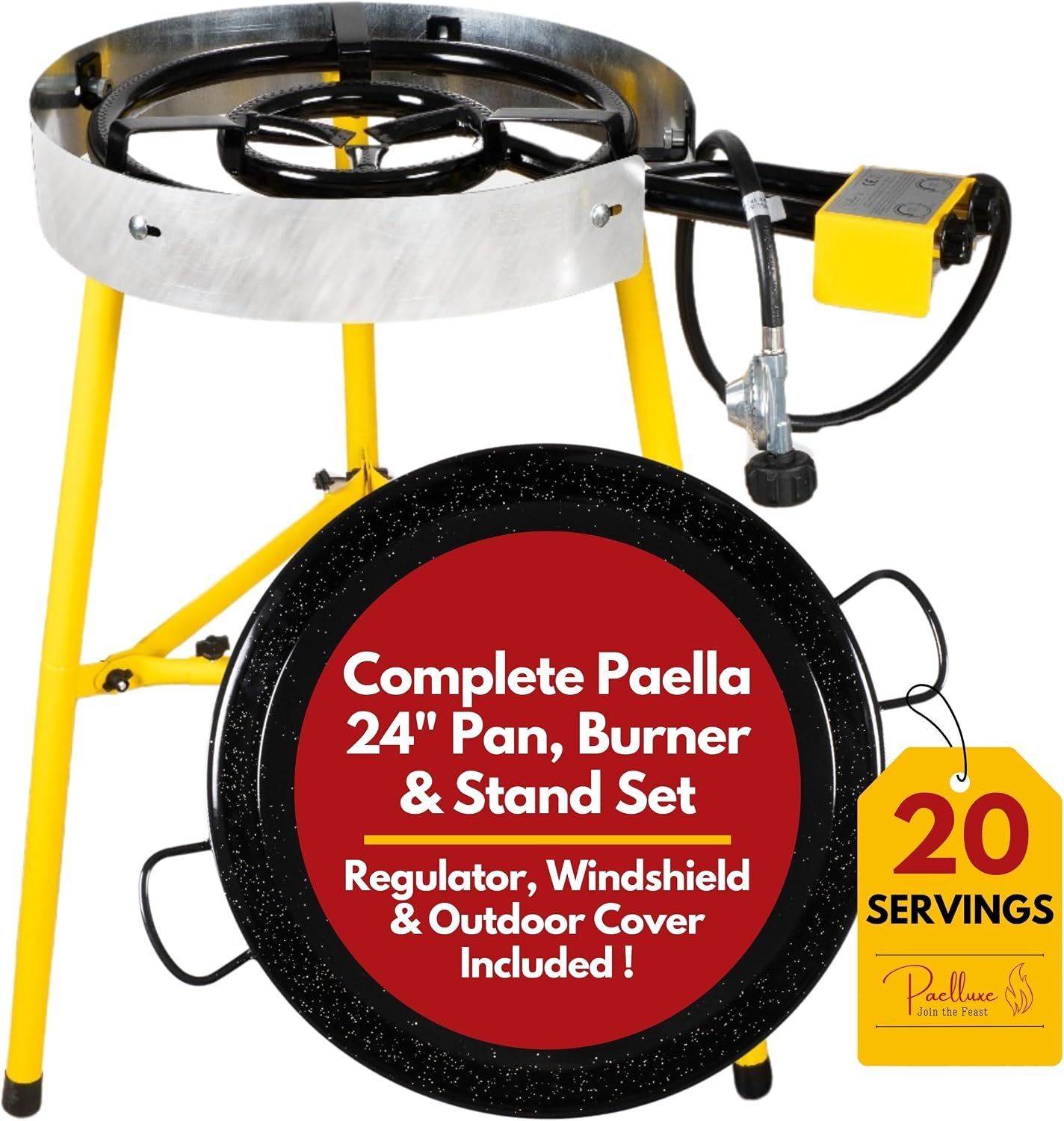 Paelluxe Paella Burner Stand & Regulator Set with 24 Inch Pan- 20 Servings | Dual Burner Rings, Individual Heat Control, Windshield & Outdoor Cover Included, CE Certified, Ready to Use Complete Set