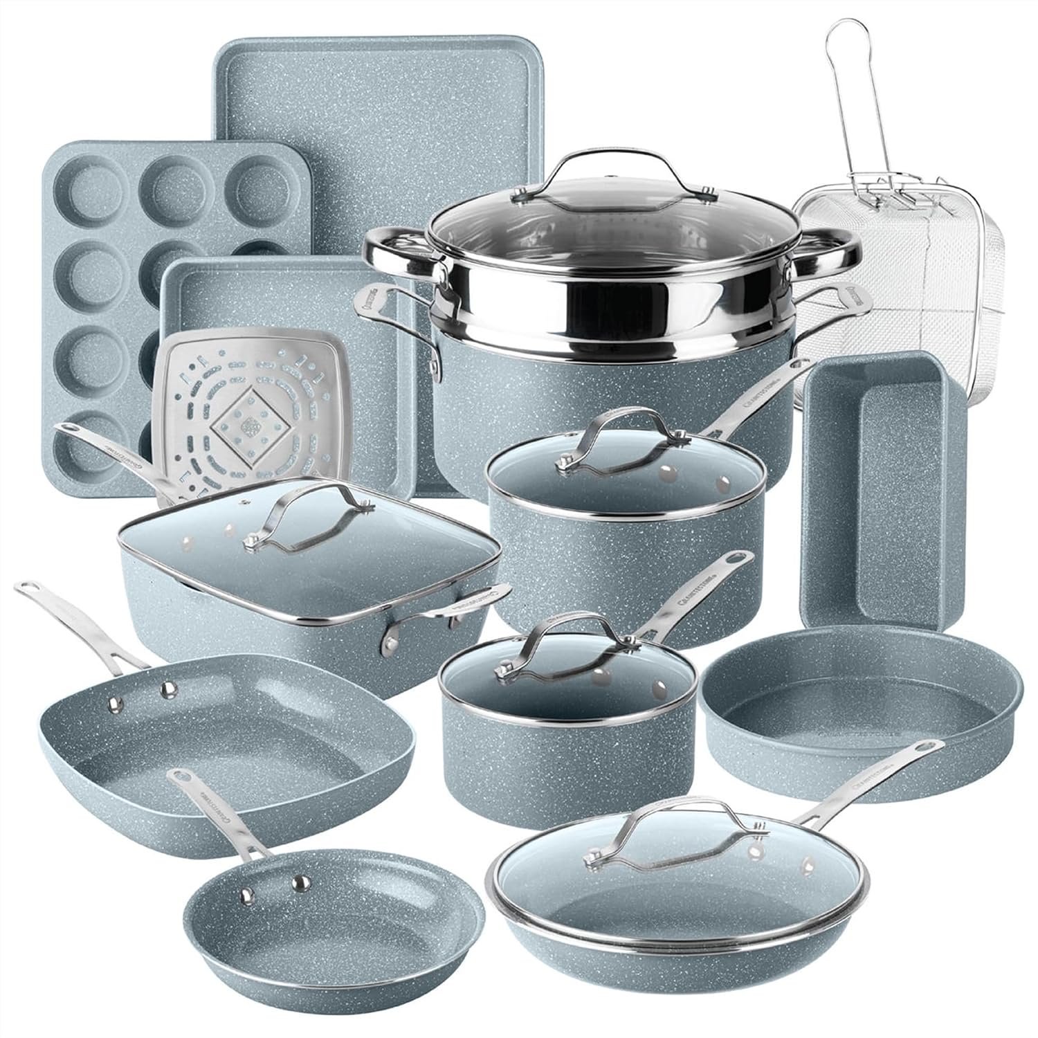 GRANITESTONE Ceraluxe 20Pc Pots and Pans Set Non Stick Ceramic Cookware Set | Deep Frying Pan & Bakeware Set Included, Non Toxic PFOA/PFOS/PTFE Free, Cool Touch Handles, Oven & Dishwasher Safe