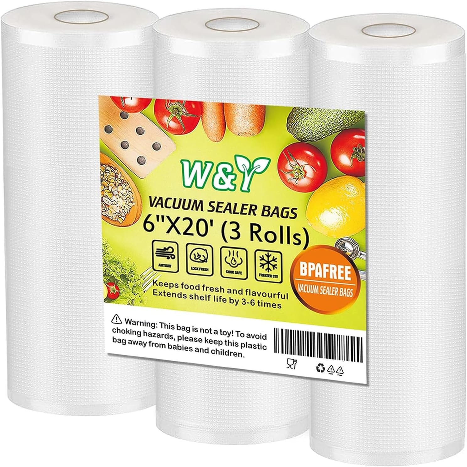 W&Y Vacuum Sealer Bags 6″x20′ 3 Rolls Cut-to-Size Sous Vide,BPA Free | Commercial Grade, BPA Free, Freezer Bags, Sous Vide Cooking, Puncture Prevention, Vacuum Storage Bags
