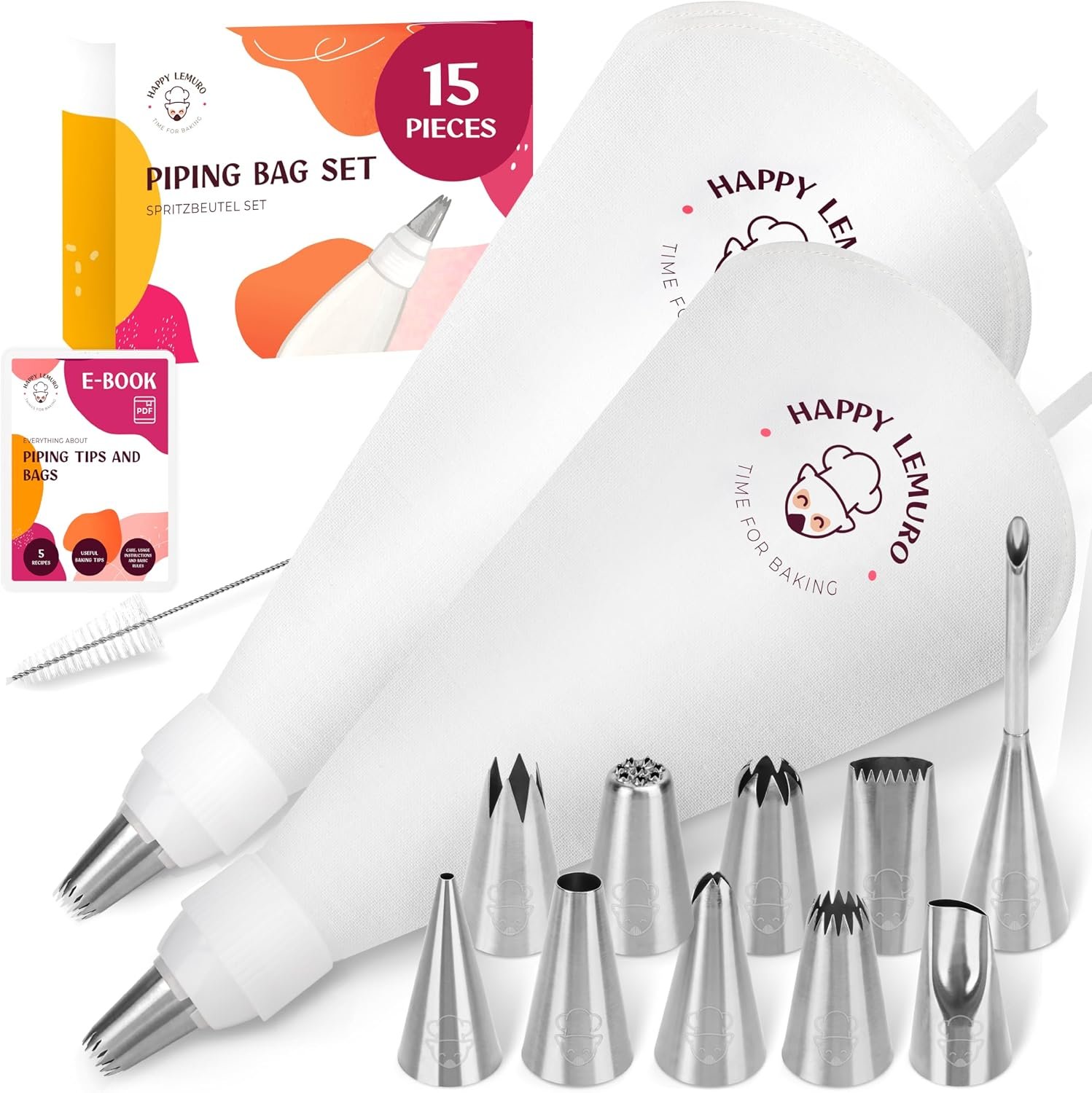 Cake Decorating Kit – Reusable 16″ & 14″ Cotton Piping Bags with 10 Large Stainless Steel Icing Tips – Durable, Food-Grade & Dishwasher Safe