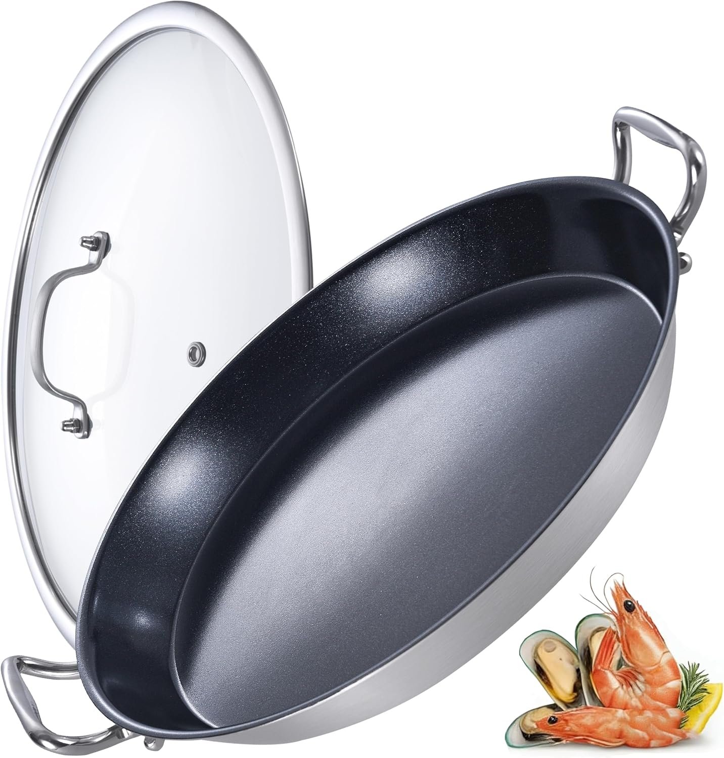 LOLYKITCH Nonstick Paella Pan with Lid | 14 Inch for Family of 5-8 | Tri-Ply Stainless Steel Skillet | Large Oven Safe Cookware | Rust Proof & Warp Resistant | Induction Compatible ﻿
