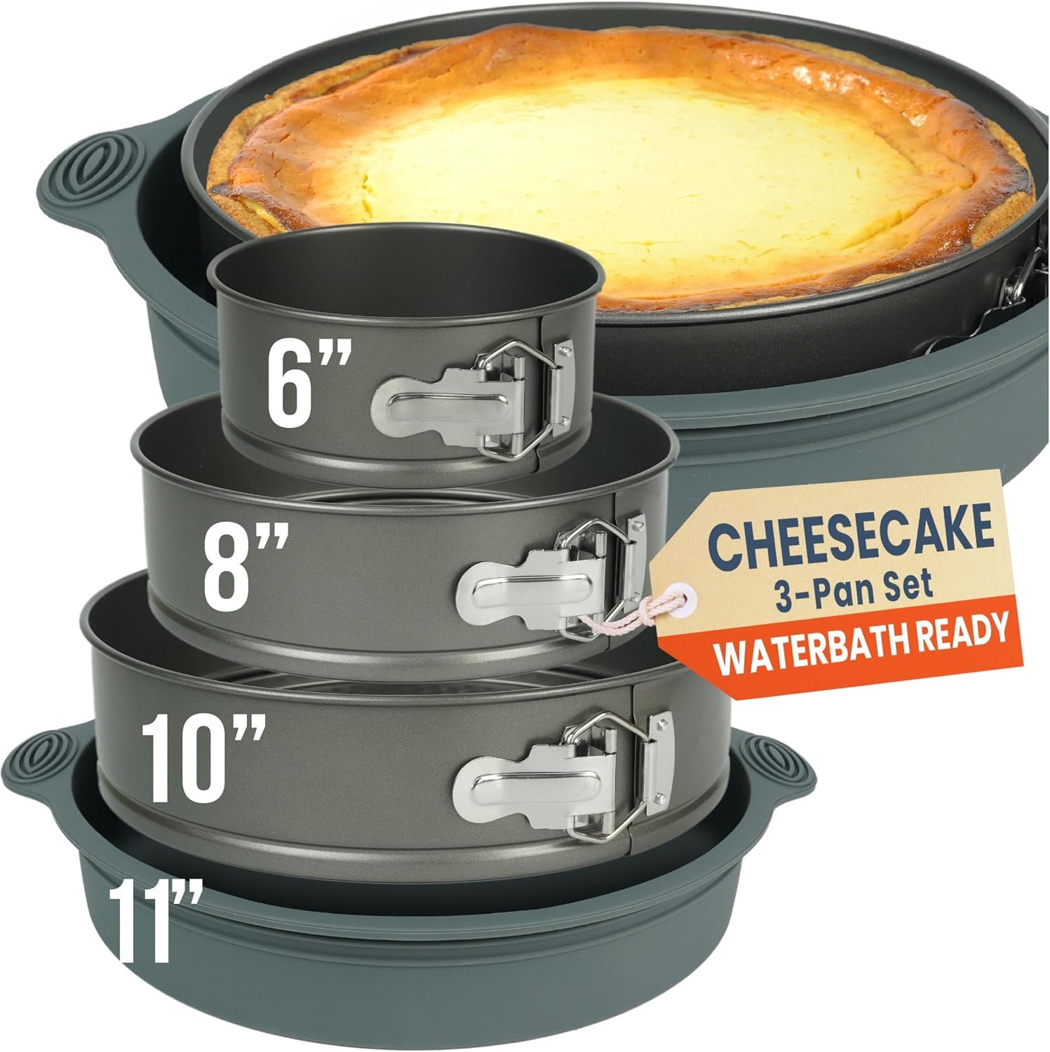 Cheese Cake Pans for Baking, NON-STICK Springform Pan Set & SILICONE SLEEVE | 6, 8, 10 in, NO LEAKS IN WATER BATH – Sturdy Silicon Protector for FOIL-FREE Cheesecake Baking, Durable Carbon Steel 0.4 mm