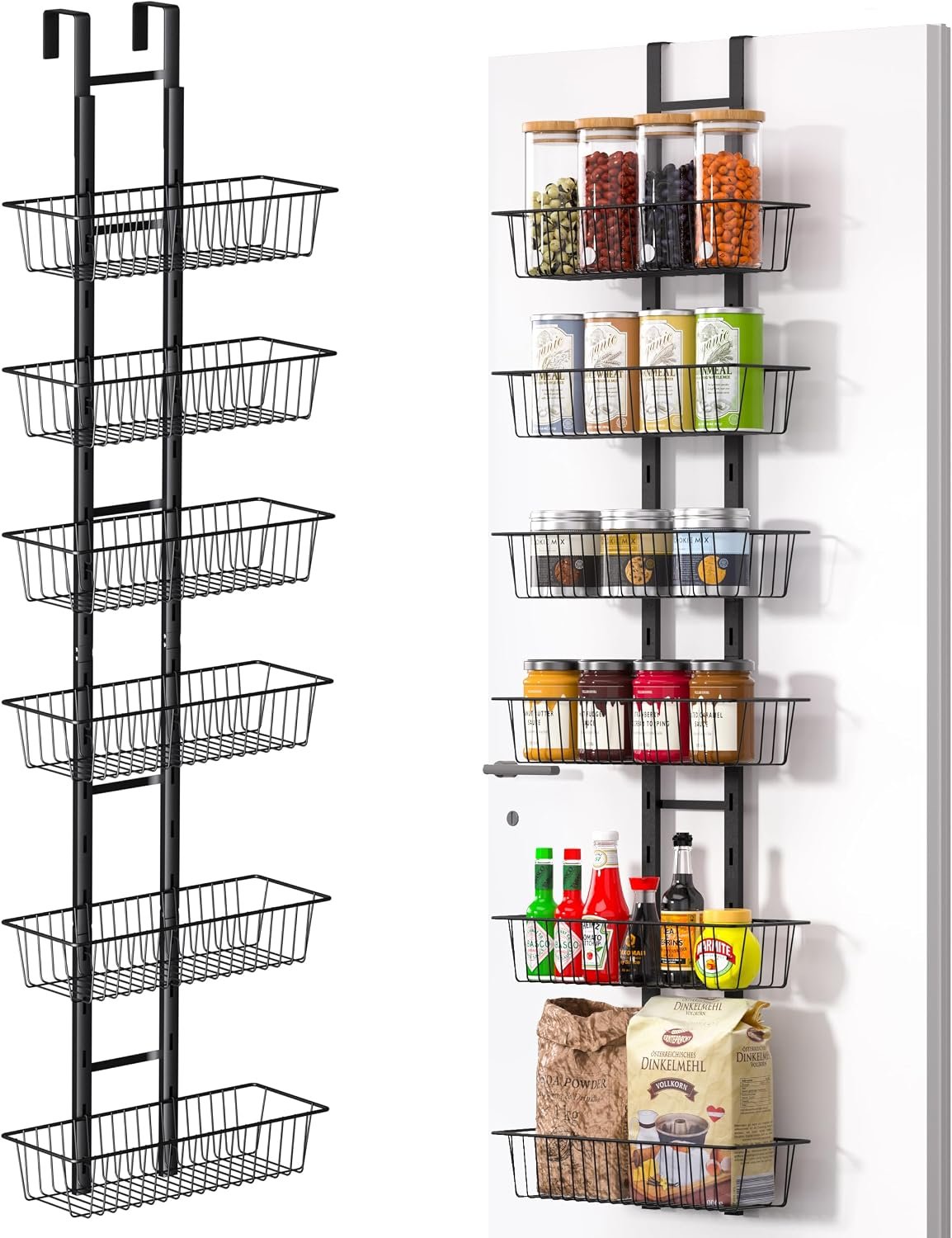 LUXEAR Over the Door Pantry Organizer Adjustable, 6 Tiers | No-Assembly, Fold-able, Metal Hanging Over the Door Organizer for Kitchen, Home, Laundry Room, Bathroom