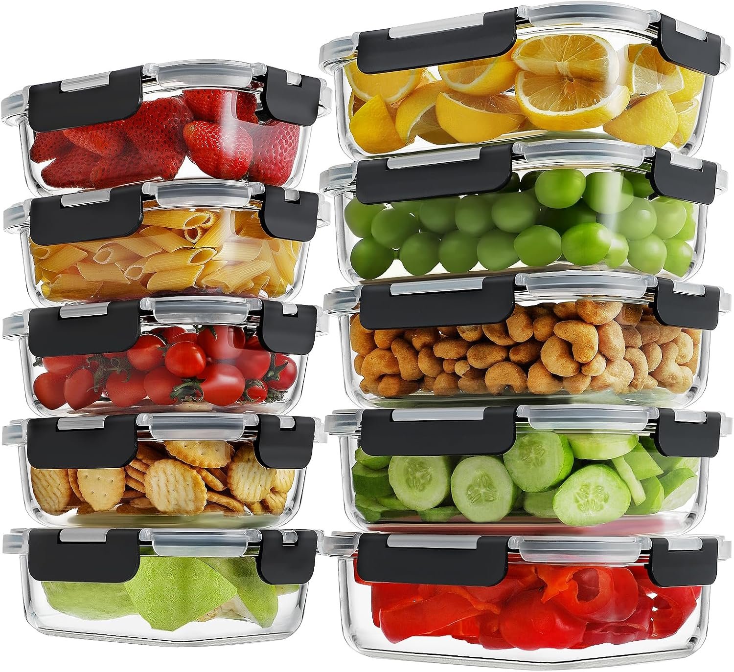 HOMBERKING 10-Pack Glass Meal Prep Containers, 36 oz/14 oz, Locking Lid Set | Borosilicate Glass Food Storage Containers Set, Airtight Lunch Bento Boxes, BPA-Free, Dishwasher Freezer, Oven Safe-Black