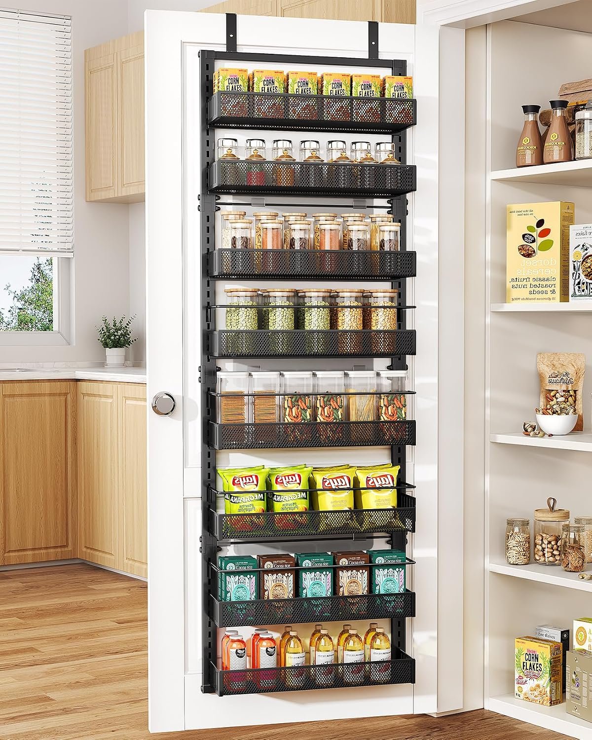 SNTD 8 Tiers Over the Door Organizer, 17″ W x 6″ D x 69″ H, Black | Pantry Door Organizers and Storage, Height Adjustable Spice Rack, Dense Mesh Baskets, Anti-Swing, Adjustable Door Fastener