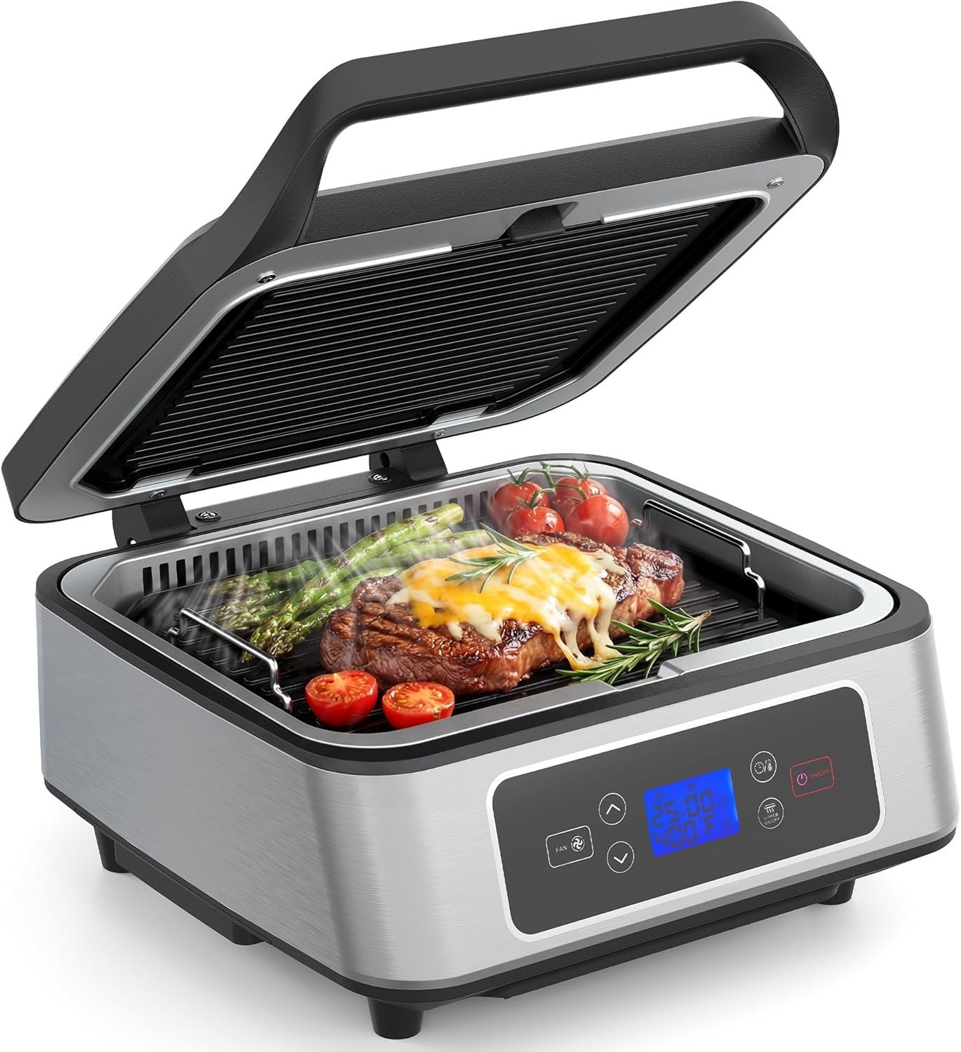 Sunvivi 1300W Smokeless Grill Indoor with Auto-Lift, Electric Panini Press Griddle with Nonstick Removable Plates, Independent Upper Heating, Smart Time & Temperature Control, LCD Display