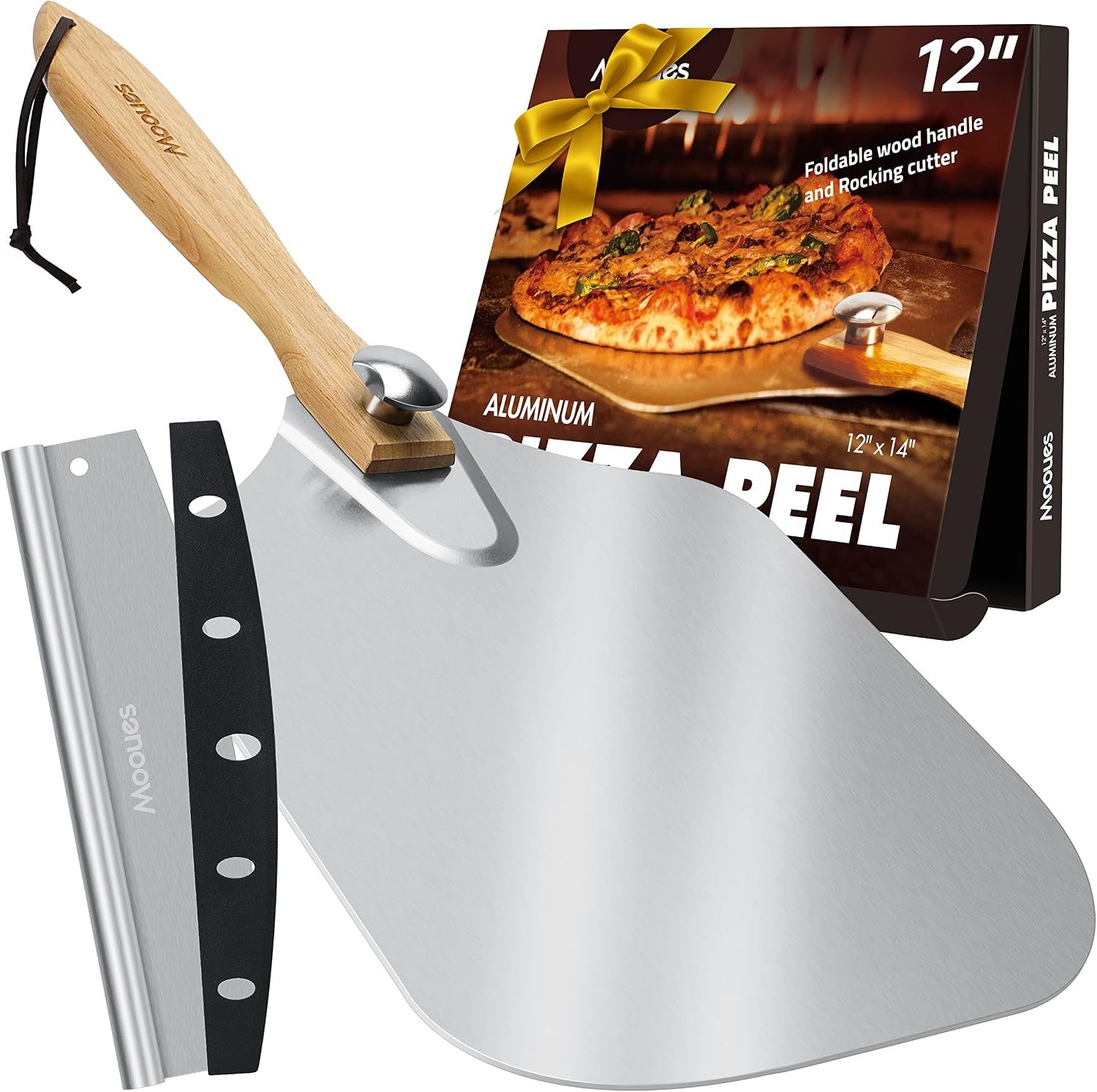 Mooues Pizza Peel Aluminum 12 inch Pizza Spatula with Rocker Cutter | Metal Pizza Paddle(12″x 14″) Foldable Wood Handle, [Storage bag included], for Family Pizza Oven Baking Pizza, Dough& Pastry