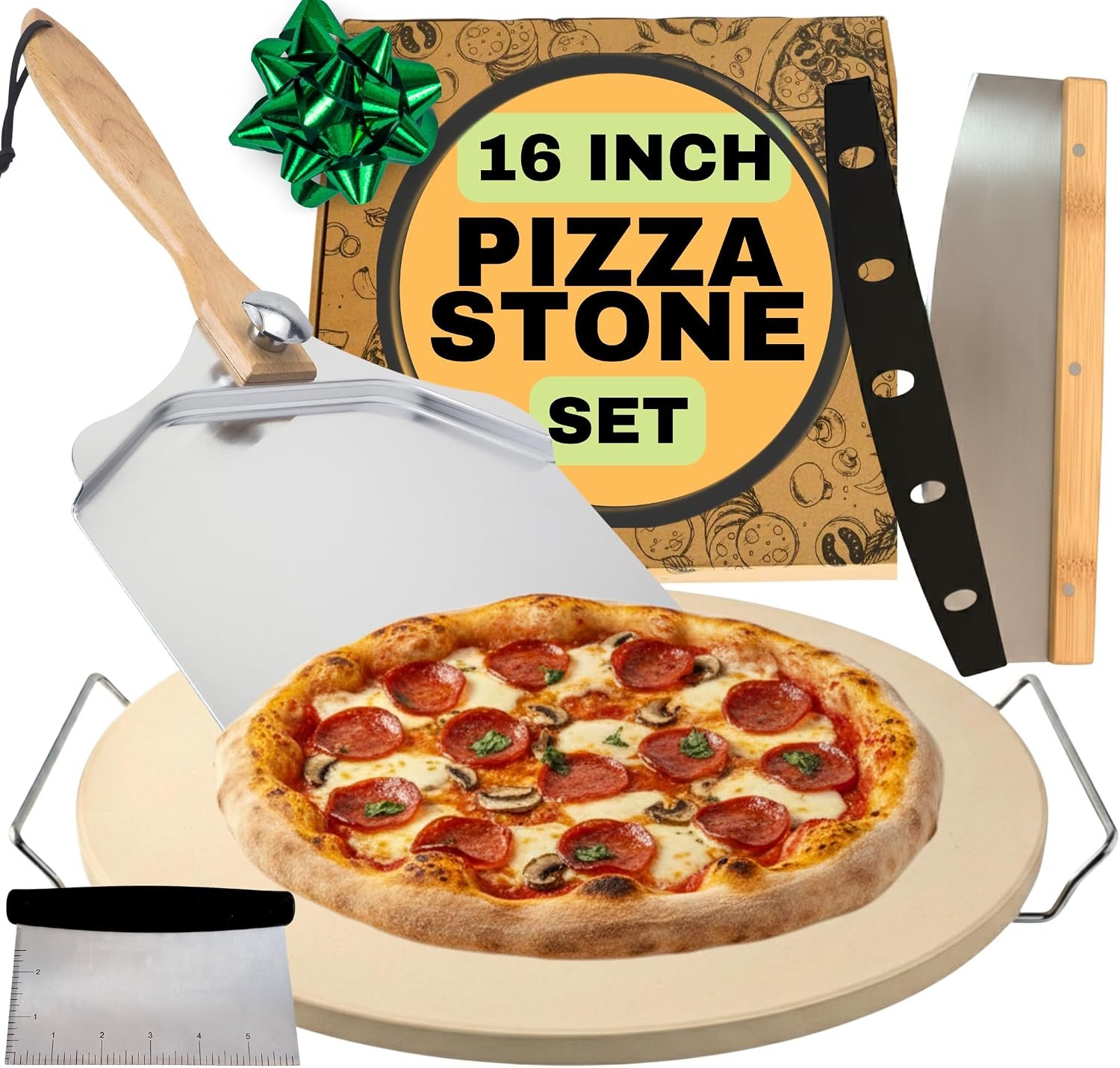 Round Pizza Stone for Oven 16 inch – Large Pizza Stone with Handles, Metal Pizza Peel, Pizza Cutter and Dough Tool – Baking Stone for Oven Bread – Thick Durable Cordierite Baking Stones