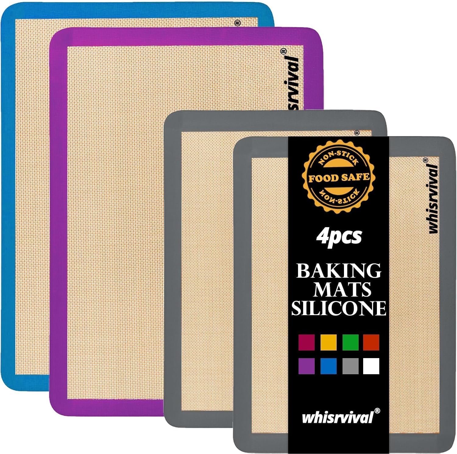 4 Pack Silicone Baking Mat, Non-Stick Silicone Baking Sheet, Food Safe Silicone Mats for Baking, 480℉ Heat Resistant, 2 Half & 2 Quarter (Purple, Blue, Grey) | Food Safe Silicone Mats for Baking, 480℉ Heat Resistant, 2 Half & 2 Quarter (Purple, Blue, Grey)