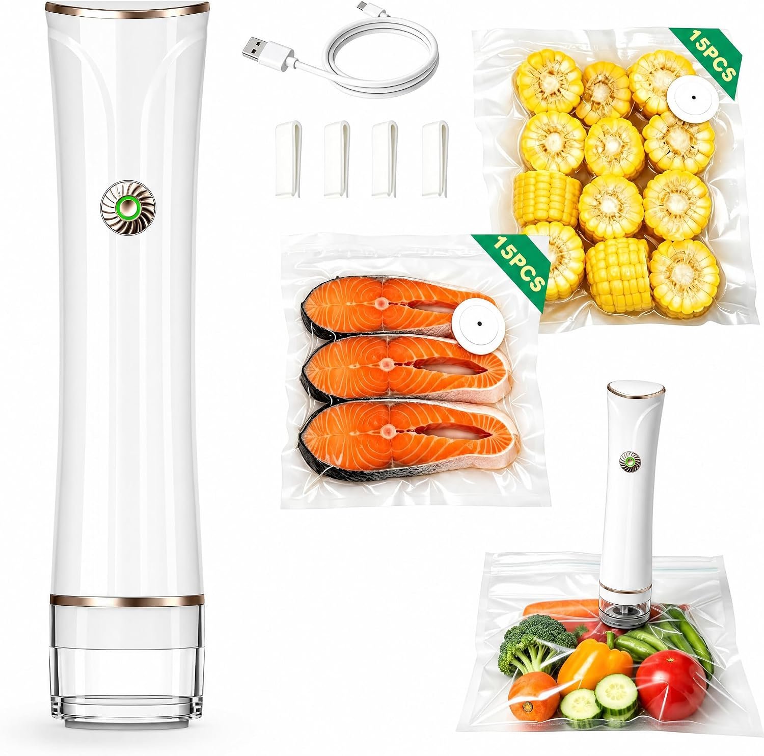 60kPa Handheld Compact Vacuum Sealer with 30 Bags, Mason Jar Food Sealer | Powerful Suction, Lightweight and Portable, Mason Jars Require a Separate Vacuum Adapter Ring