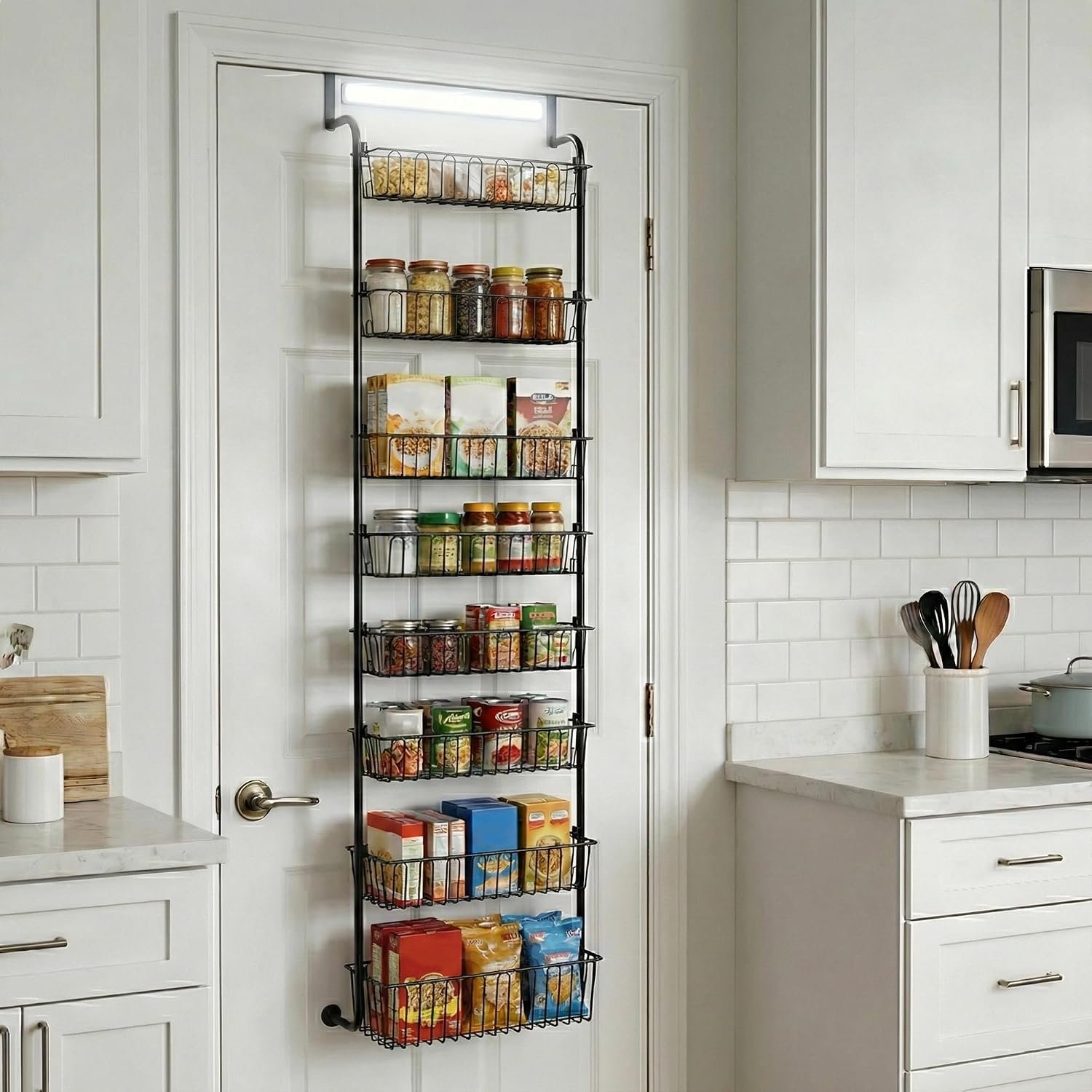 Over Door Organizer Storage – 8 Tier Black Metal Over the Door Pantry Organizer Heavy Duty Hanging Storage Rack, Behind Cabinet Shelves for Home, Kitchen, Bathroom, Closet, Pantry.