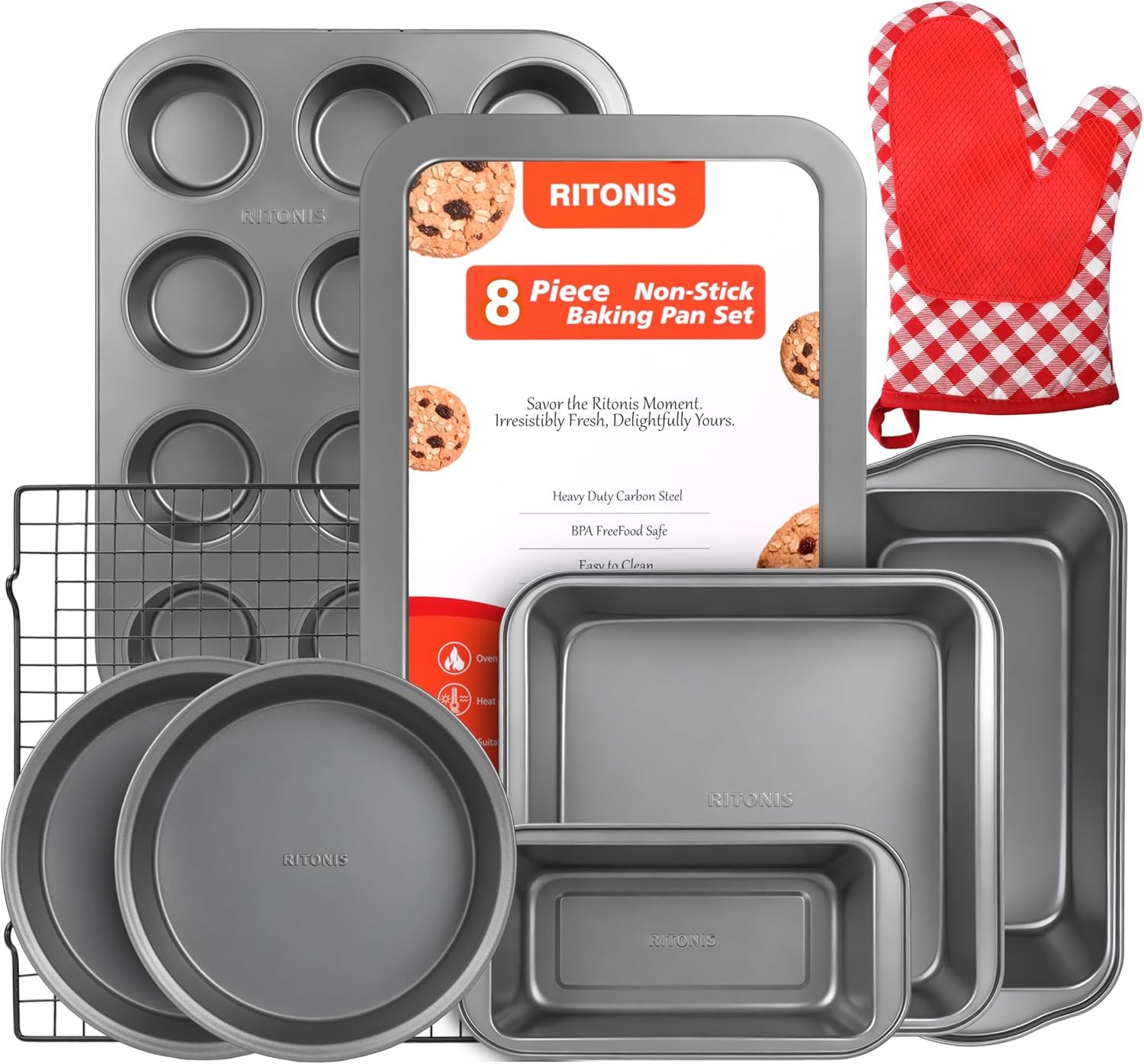 8-Piece Baking Pans Set, Nonstick Baking Set, Baking Glove Included | Non-Toxic Bakeware ,Superior Non-Stick ,Even Heat, Warp Resistant ,Easy Cleanup ,Everyday Baking,versatile bakeware set