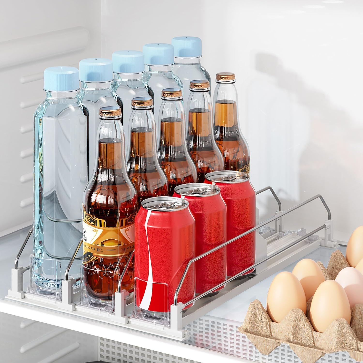 Drink Organizer for Fridge, Automatic Drink Dispenser for Fridge | Fridge Drink Organizer Holds up to 15 Cans, 12-20oz Can Dispenser for Fridge, Soda Can Organizer for Refrigerator, 3 Row