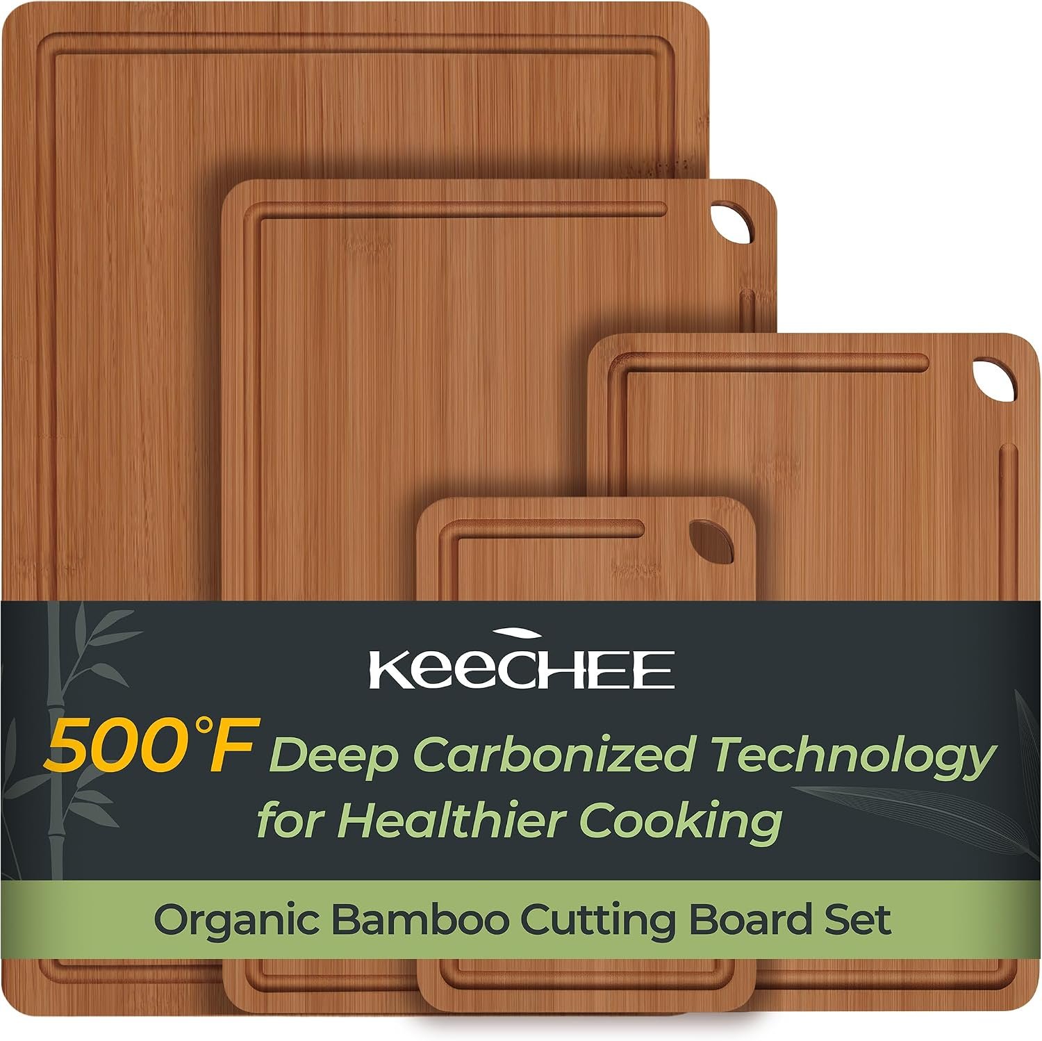 Keechee Carbonized Bamboo Cutting Board Set of 4, Kitchen Prep Boards | Deep juice grooves, built-in handles, 4 different sizes for full kitchen tasks and charcuterie