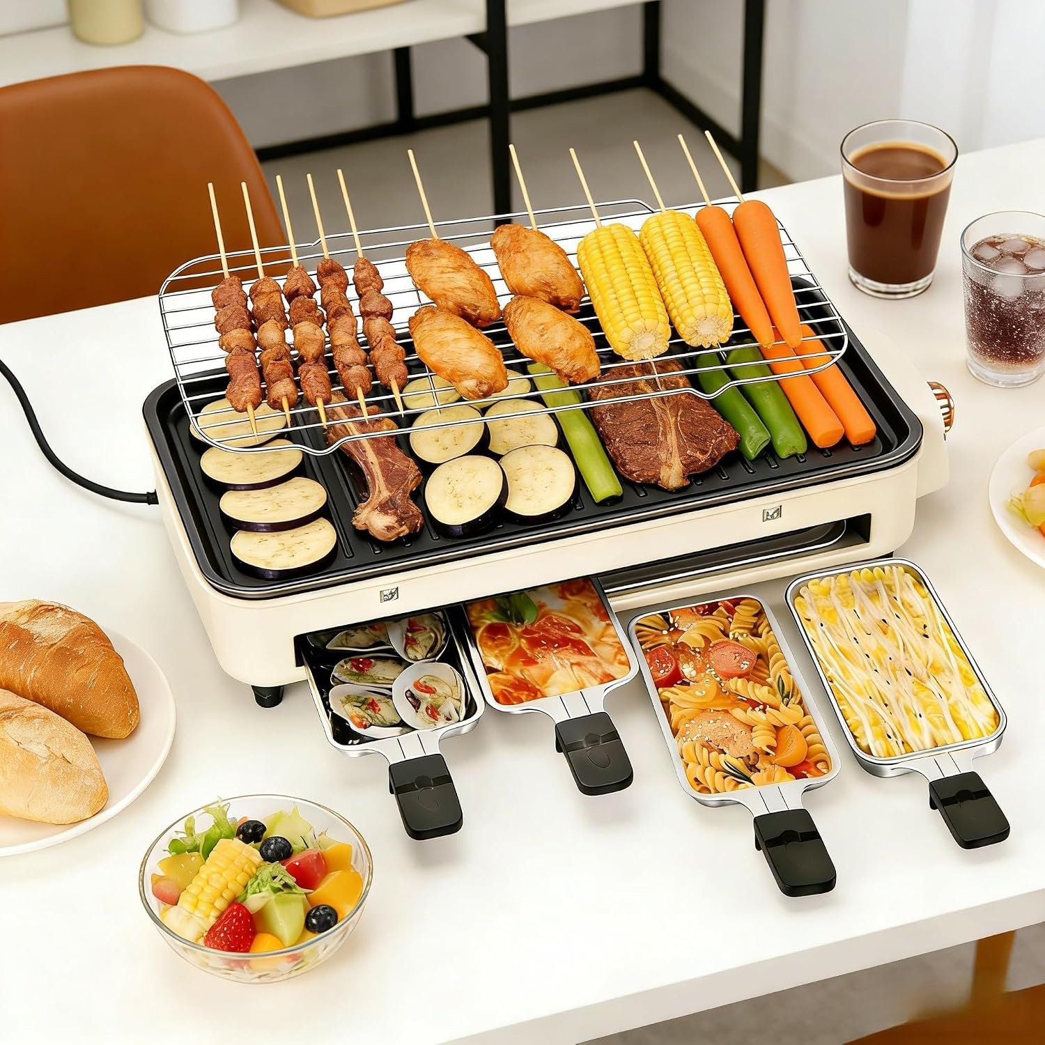 Electric Indoor Grill, 3 in 1 Smokeless Indoor Grills with Non-stick Removable Grill & Griddle Plate, Portable Korean BBQ Grills with 4 Cheese Pans, Adjustable Temperature Control, 1500W (Beige)