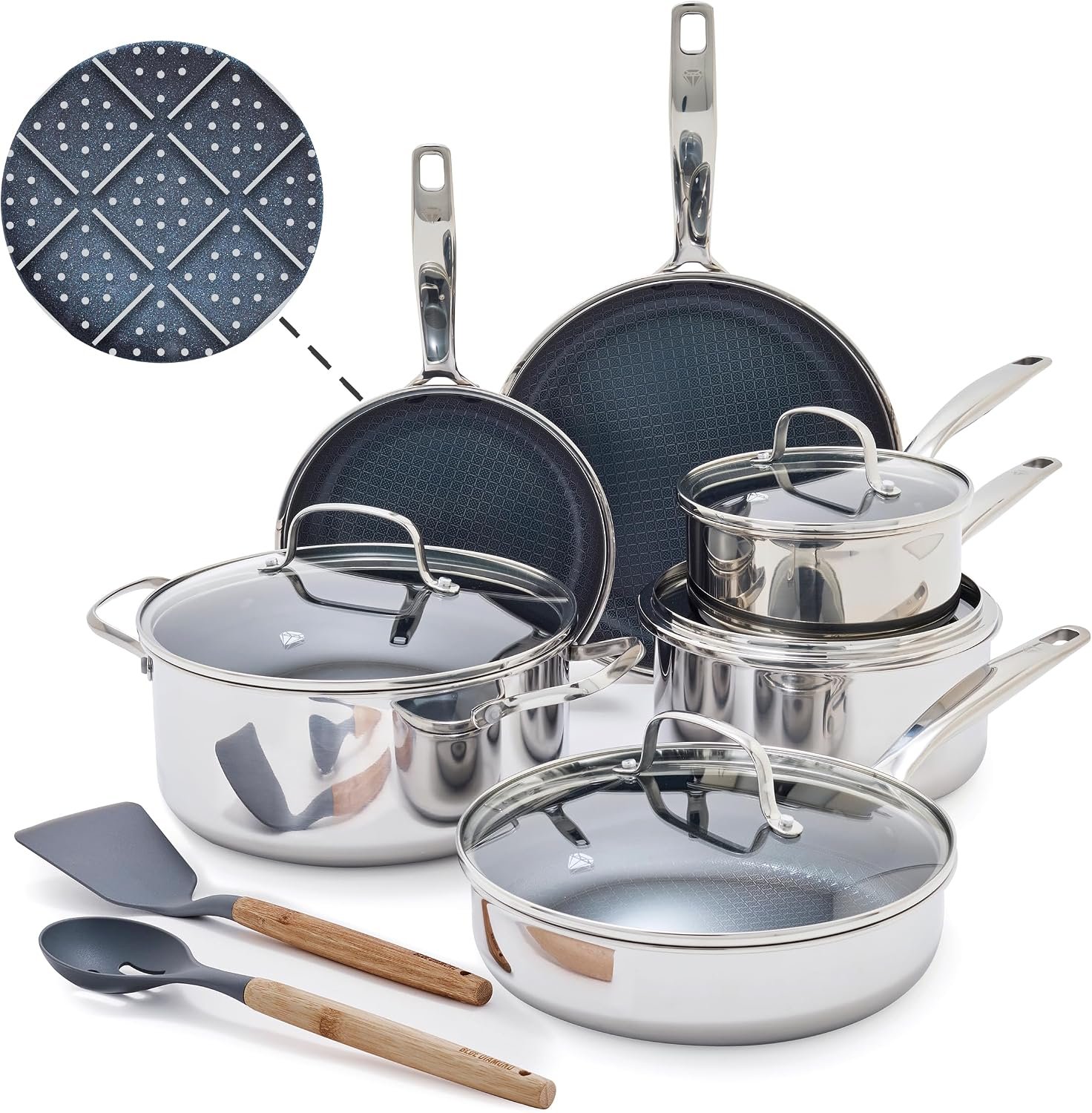Blue Diamond Hybrid 12 Piece Stainless Steel Nonstick Cookware Set | PFAS-Free Ceramic Nonstick Pots & Pans, Diamond Bond, Induction & All Cooktop Ready, Dishwasher and Oven Safe, Glass Lids