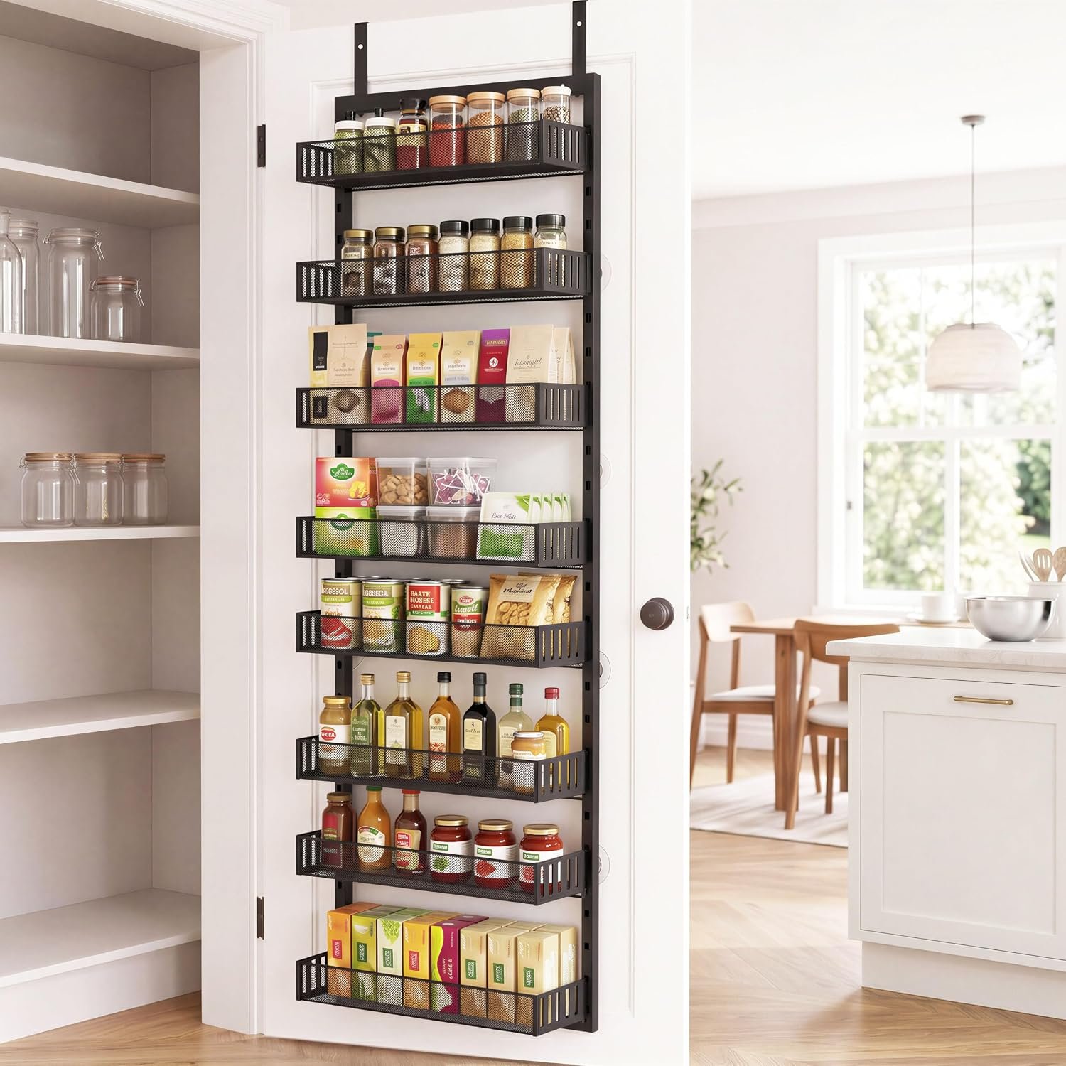 Over the Door Pantry Organizer, 8-Tier Heavy-Duty Door Spice Rack with Mesh Baskets, Height Adjustable & Anti-Swing Design, Pantry Door Organizers and Storage for Kitchen, Bathroom, Laundry Room