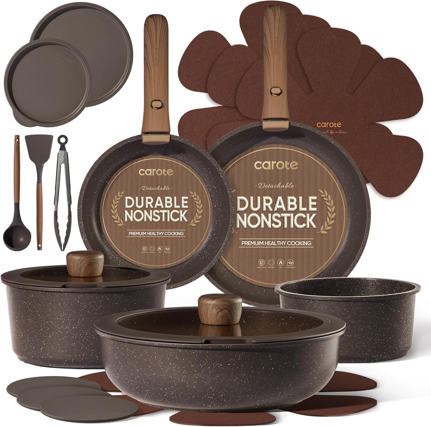 CAROTE 21pcs Pots and Pans Set Non Stick, Detachable Handle Cookware | Ultra Nonstick, Space Saving, Dishwasher & Oven Safe, Non-Toxic Kitchen/Apartment/Camping/RV/ Traveling Cooking Sets