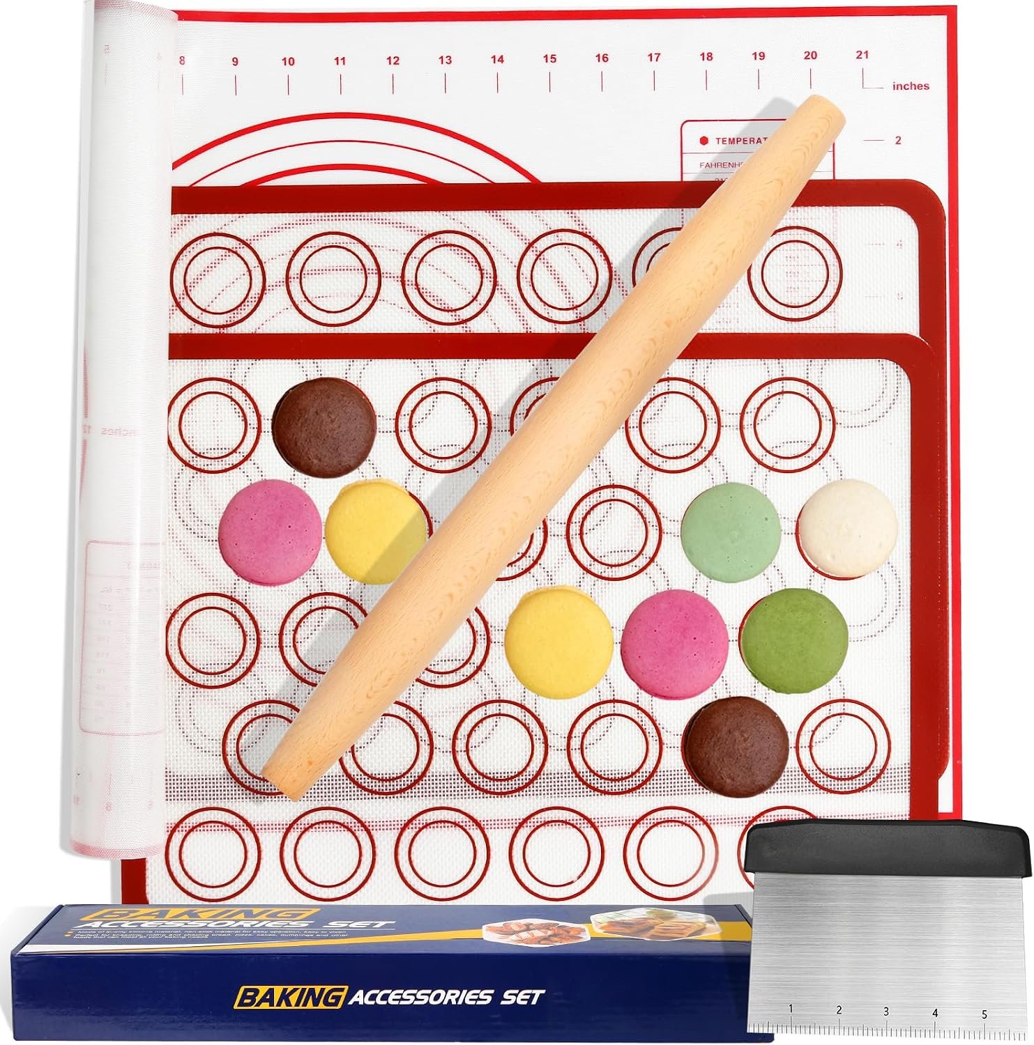 Silicone Baking Mat Sets, Food Safe Pastry Mat | Dough Mat with Macaron Baking Mat Pastry Cutter Rolling Pin, Reusable Cookie Sheets Liner