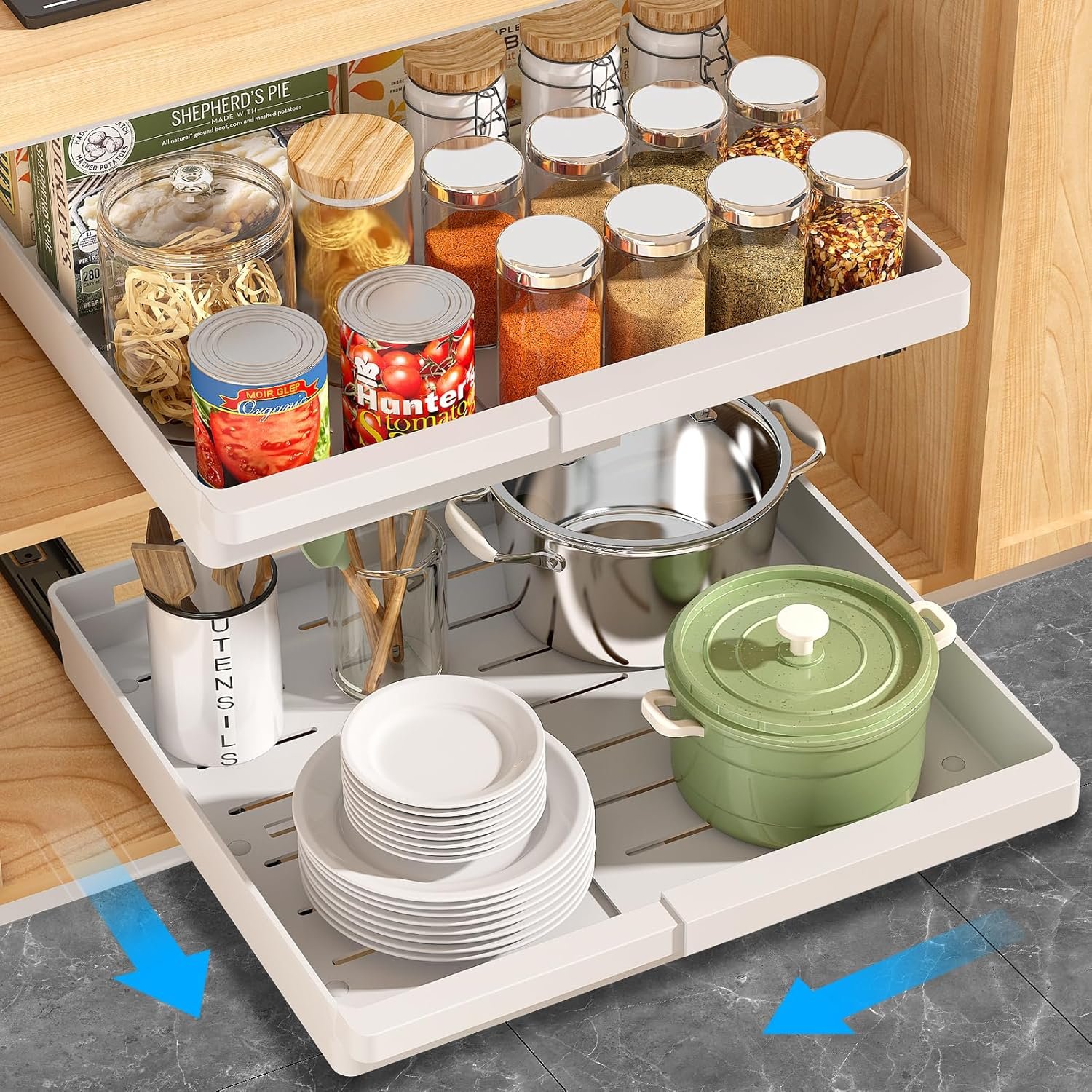 DOMNIU Pull Out Cabinet Organizers Expandable,White,16.9″ Depth,2 Pack | Slide Out Drawers for Kitchen, Bathroom, Pantry, Under Sink Storage, Fixed with Adhesive Nano Film (11.6”-17.5”)