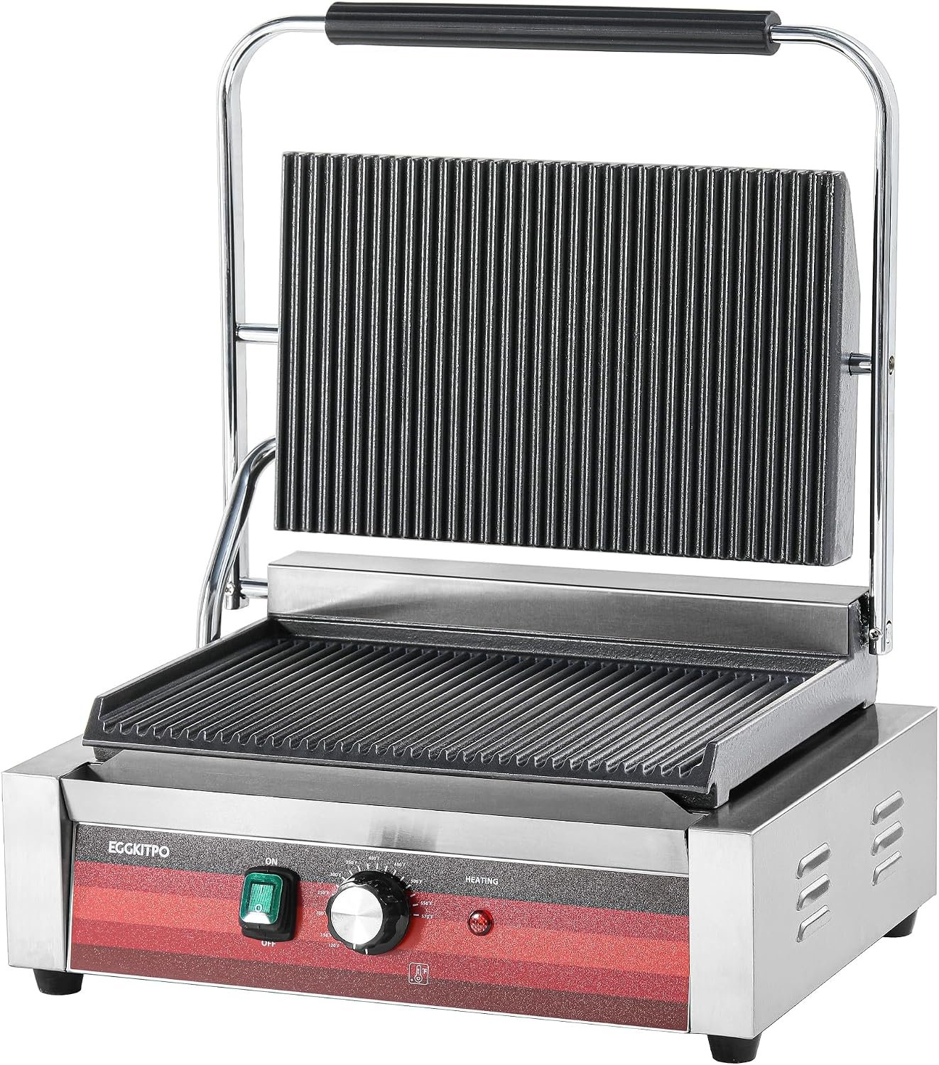 EGGKITPO Commercial Panini Press Grill with Grooved Plates Electric Sandwich Maker with Adjustable Temp Control 110V 1700W 14″×9.5″ Ribbed Enamel Plates for Breakfast and Hamburger in Home Kitchen