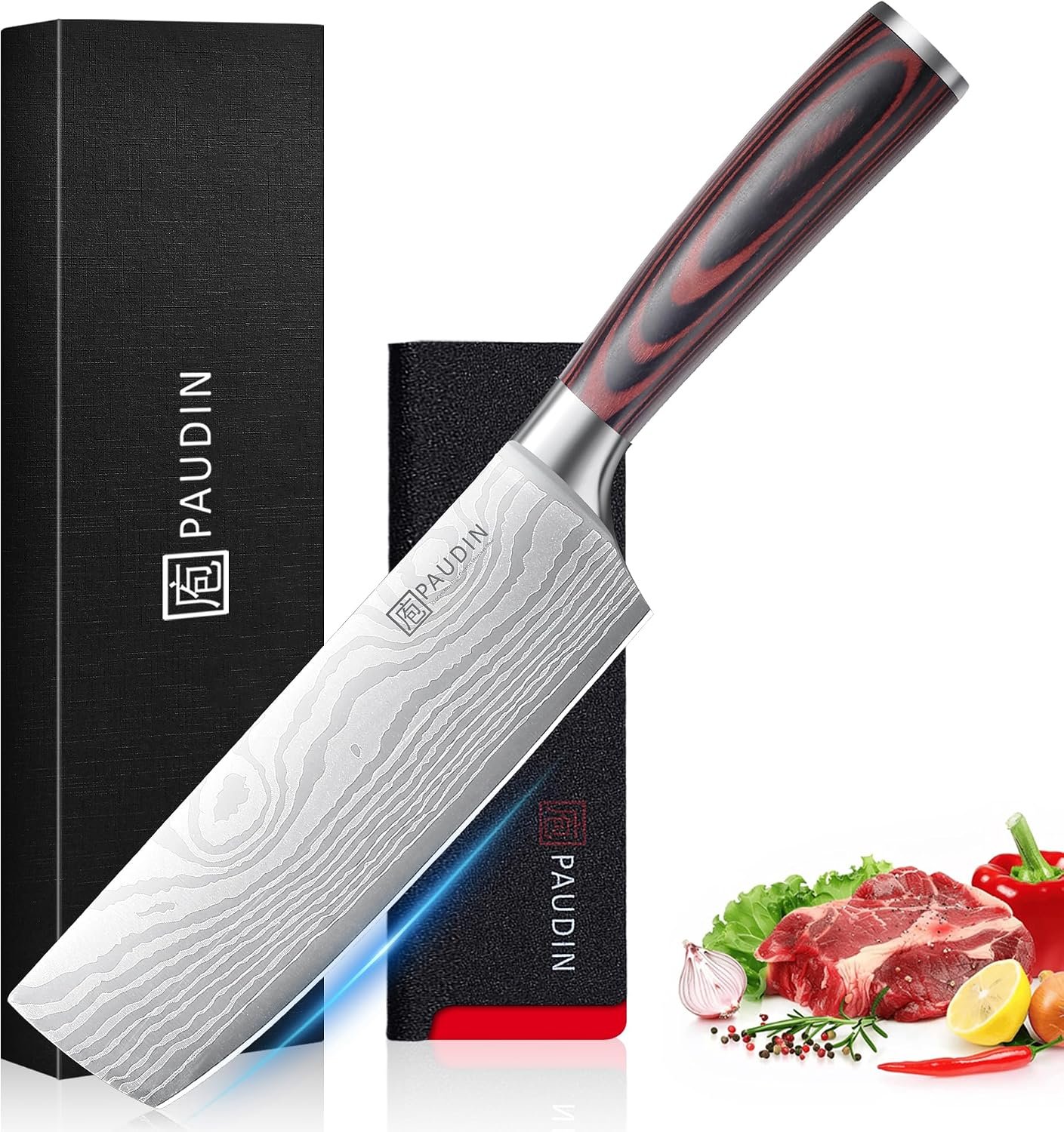 PAUDIN Nakiri Knife – 7″ Razor Sharp Meat Cleaver and Vegetable Kitchen Knife, High Carbon Stainless Steel, Multipurpose Asian Chef Knife for Home and Kitchen with Ergonomic Handle