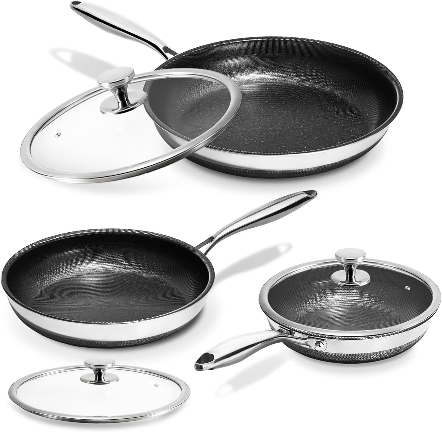 KOKHUB Non Stick Frying Pans with Lids, 8″, 10″, 12″ Titanium Ceramic | Tri-Ply Stainless Steel Skillet Set, Non-Toxic, PFAS/PFOA/PTFE Free, Dishwasher & Oven Safe, Induction Compatible