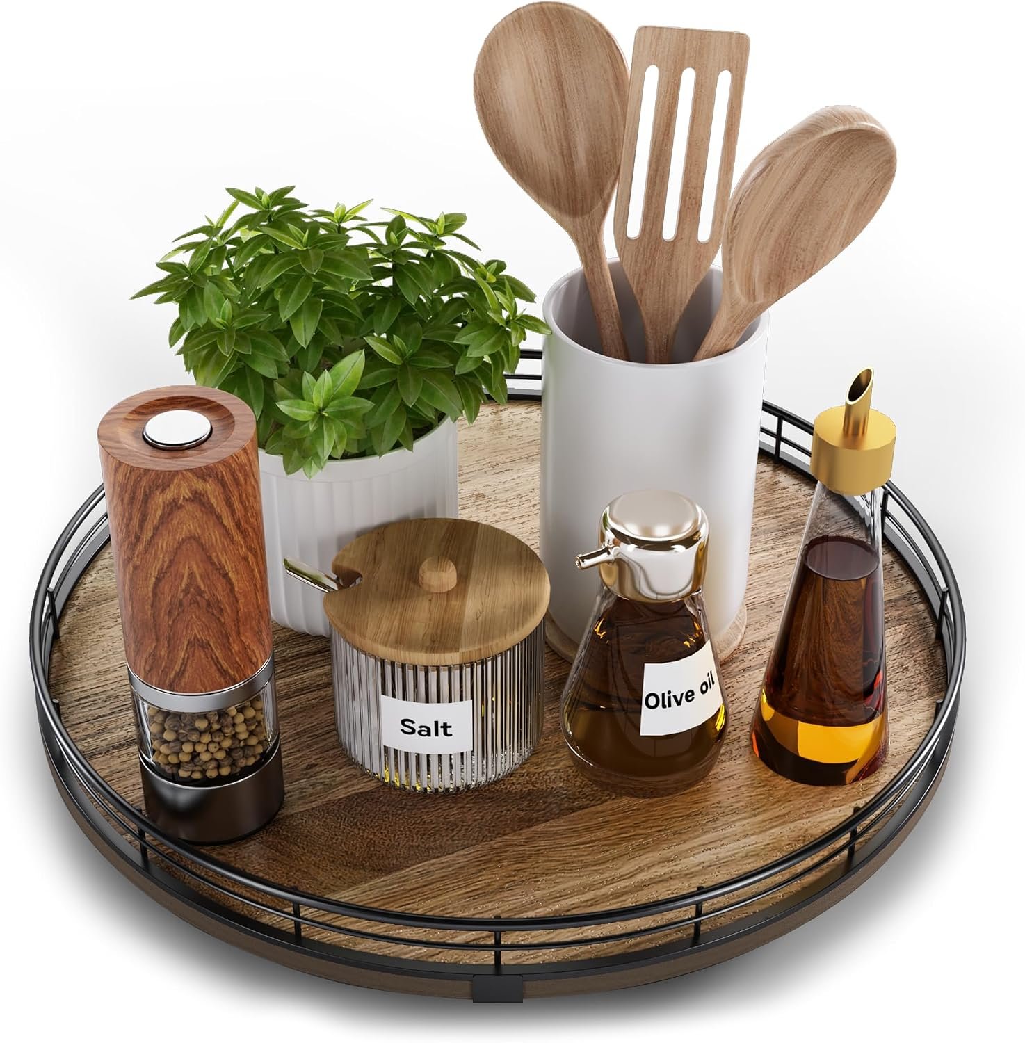 Acacia Wood 13″ Lazy Susan Turntable Organizer for Table Top, Farmhouse Round Wooden Lazy Susan for Cabinet Kitchen Centerpieces Coffee Table, for Condiments Spices, Bathroom Vanity Tray Decor