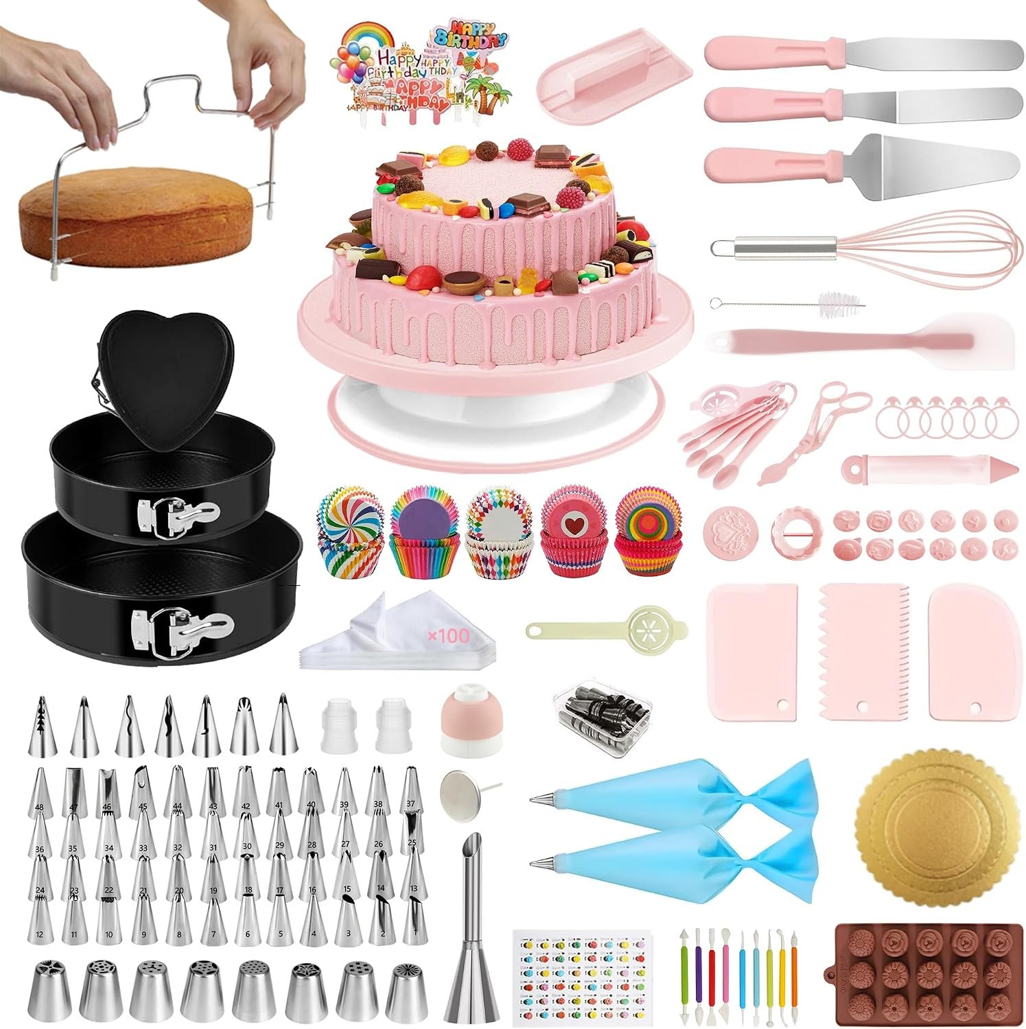 Cake Decorating Kit – Cake Turntable for Decorating with Baking Springform Pans, Cake Leveler, Numbered Piping Tips, 2 Spatulas, Baking Supplies Tools