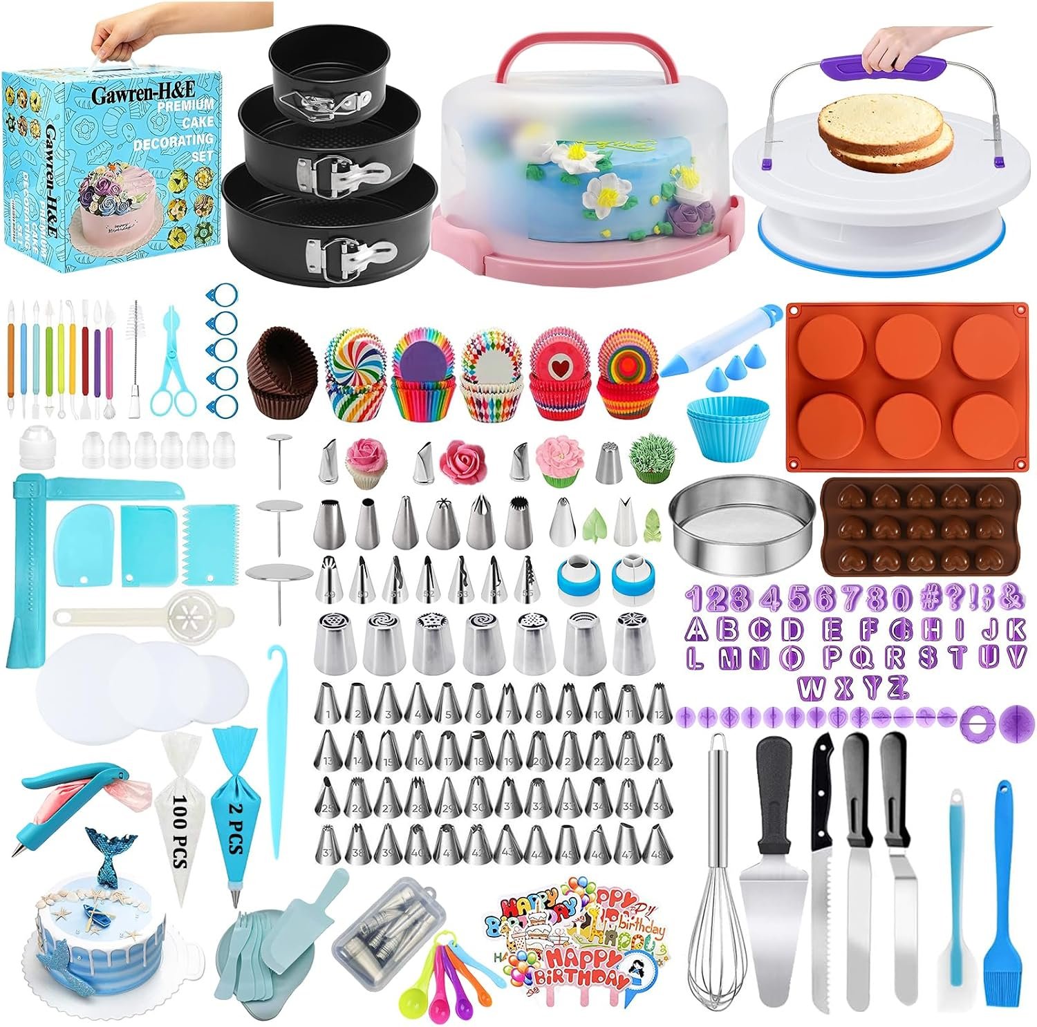 Gawren-H&E Cake Decorating Kit-Baking Supplies and Cake Decorating Supplies | 678PCS Cake Baking Kit with Decorating Tools-Cake Carrier,Piping Bags and Piping Tips Set,RotatingTurntable,Springform Pans