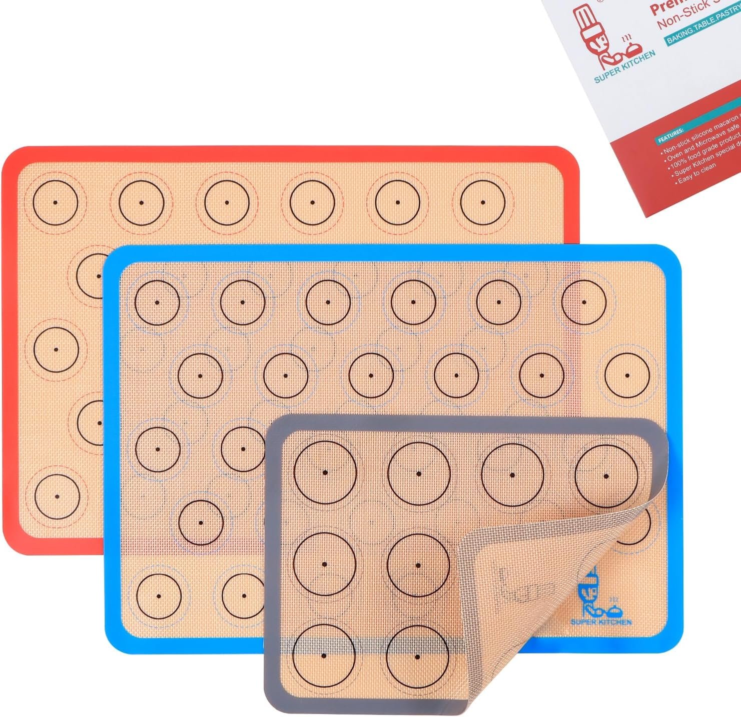 Silicone Baking Mat Macaron Set of 3-2 Half Sheet Liners 1 Quarter Sheet | Non Stick Silicon Cookie Oven Liner For Macaroons, Bake Pans, Pizza, Toaster, Cake and Bread Making (Red,Blue,Gray)