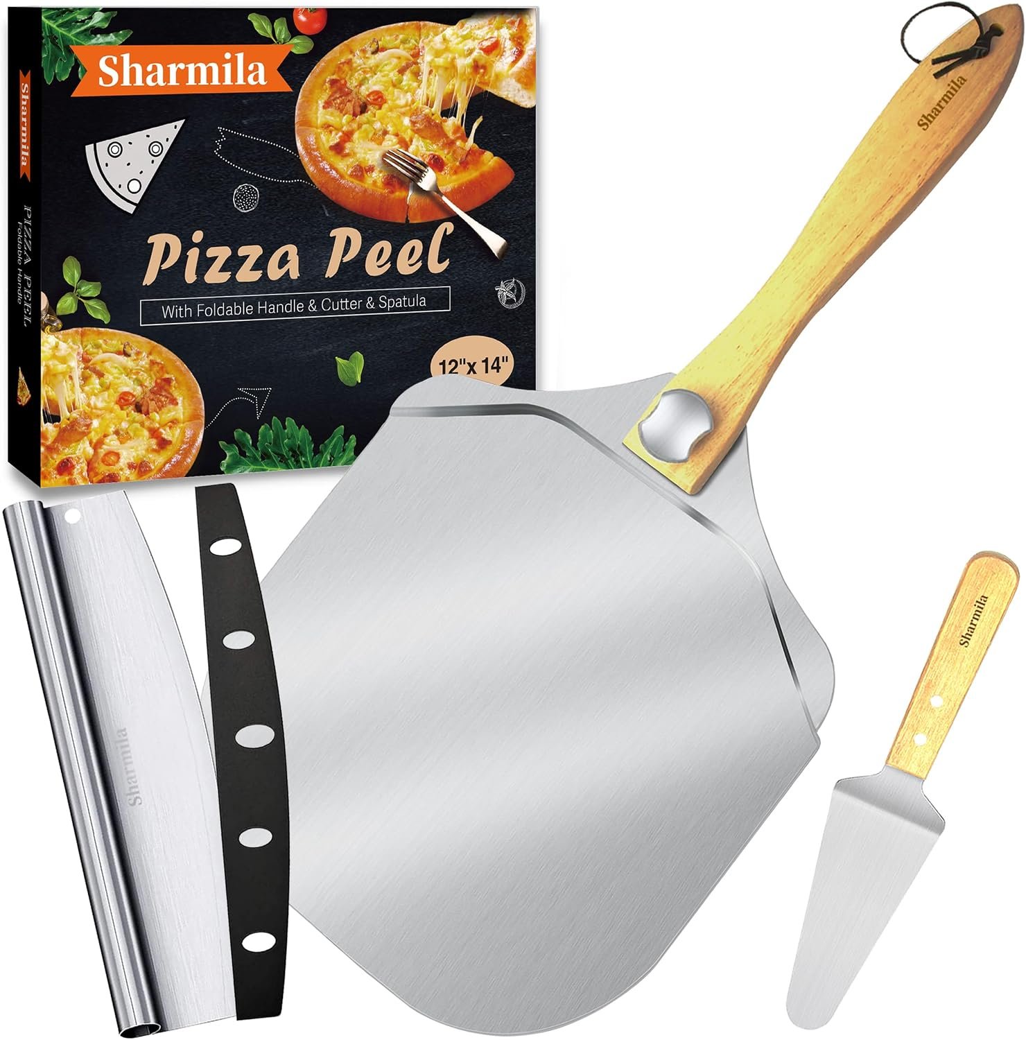 Pizza Peel 12 Inch, Aluminum Paddle with Cutter, Spatula | 3-Piece Pizza Making Kit, Rocker Cutter & Spatula Included, Foldable Handle, Smooth Surface