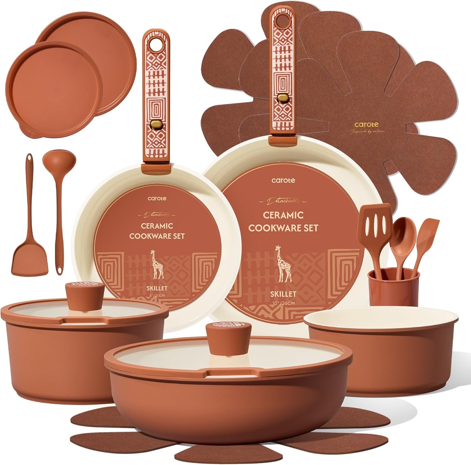 CAROTE 21pcs Ceramic Cookware Set, Pots and Pans Set with Detachable Handle | Non-Stick, Non-Toxic, PFAS&PFOA Free, Induction Compatible, Dishwasher & Oven Safe, Space Saving, Camping Cooking, Terracotta