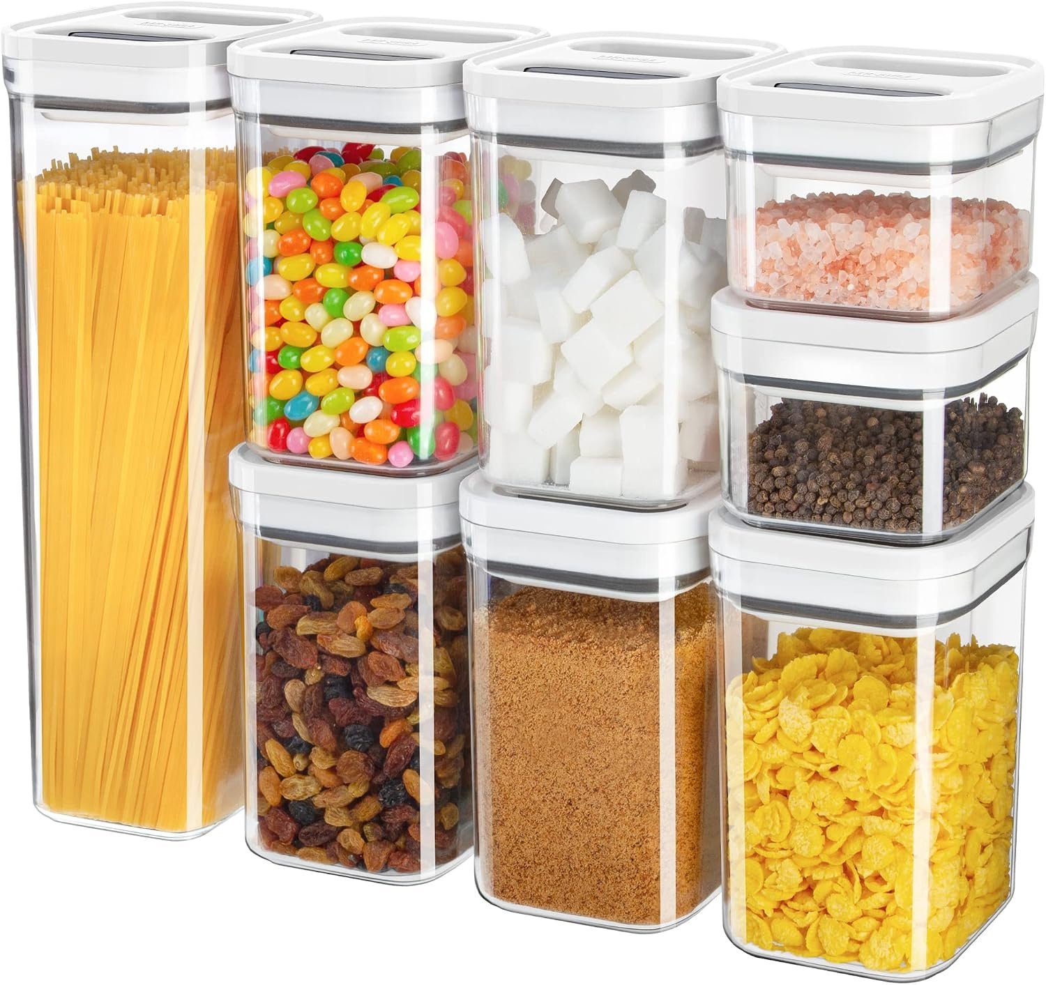 MR.SIGA 8 Piece Airtight Food Storage Container Set for Pantry Organization | BPA Free, stackable, one-handed kitchen storage containers for cereals, spaghetti, pasta, white