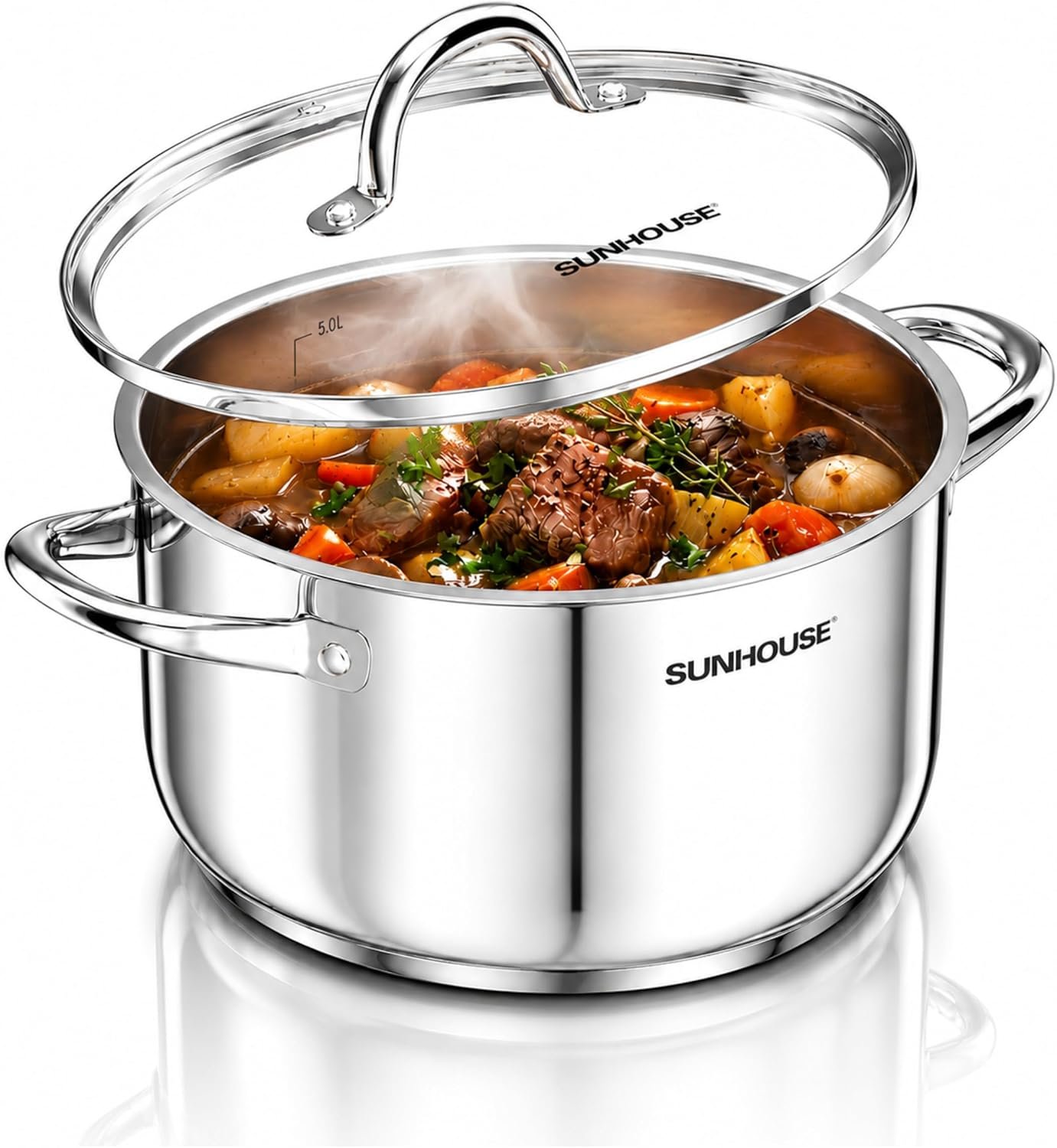 Sunhouse Stock Pot with Lid – 7 QT Large Pot for Cooking Pasta, Soup, Ollas | Impact-bonded Base Big Stainless Steel Pots for Canning, Boiling, Spaghetti – Oven Safe & Induction Compatible