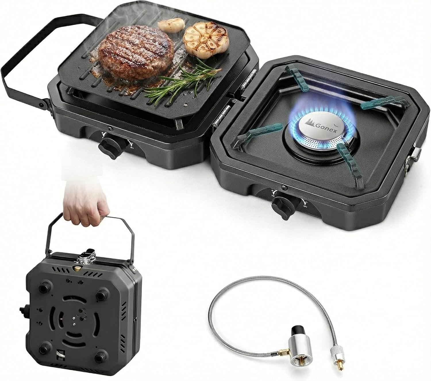 Gonex Camping Stove Propane, 2 Burner Portable Camp Stoves for Camping | 16,000 BTU, Two Piezo Ignition Adjustable Burners, Teflon Coated Griddle, Cast-iron Grates, Patio, Emergency, Hiking Use