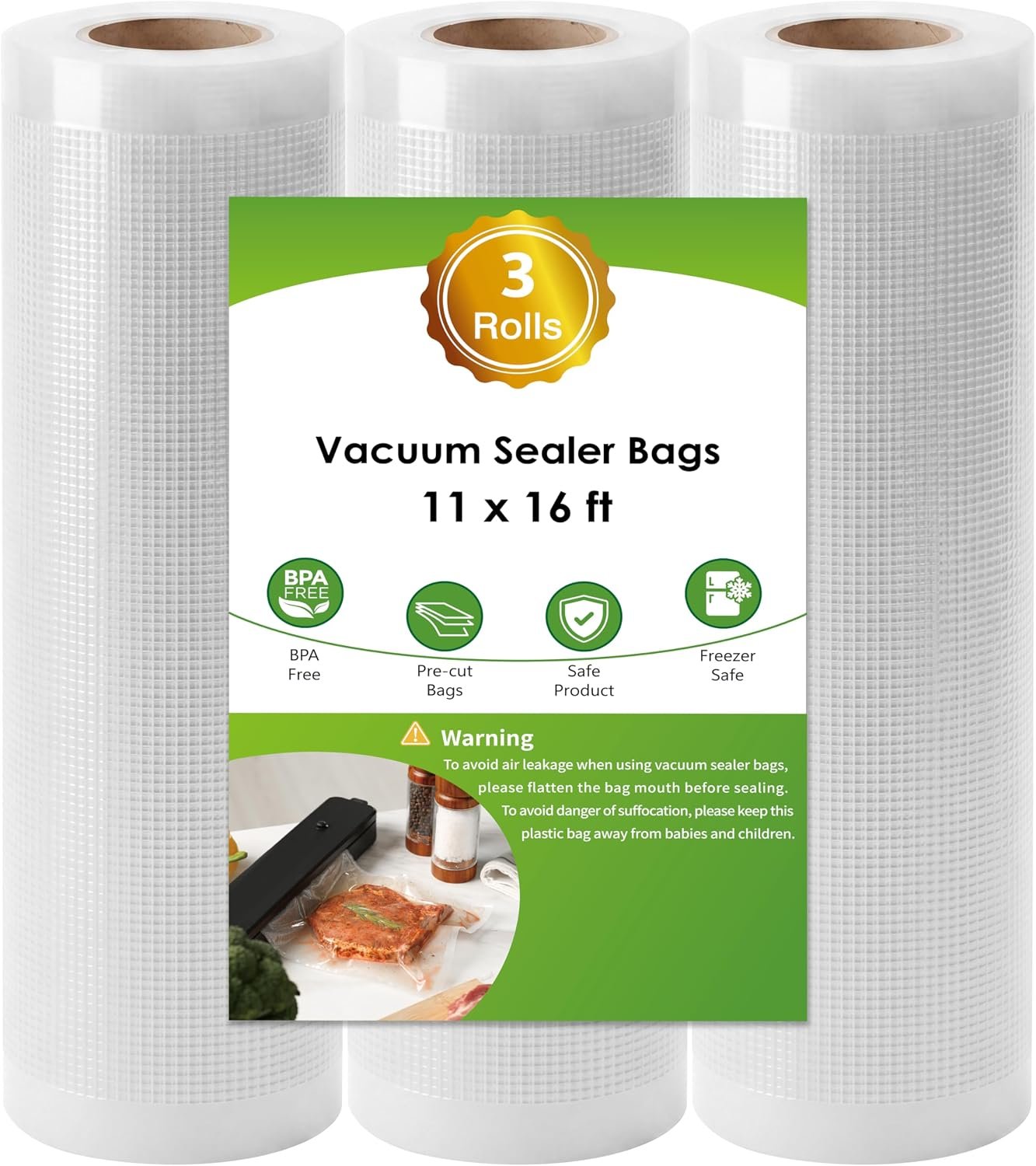 Moretoes Vacuum Sealer Bags 3 Rolls 11″ x 16′ for Food Saver, Commercial Grade Bag Rolls, BPA Free, Customized Size Bag for Sous Vide Cooking or Meal Prep